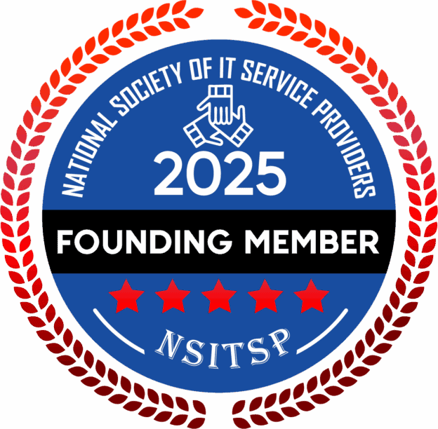 A circular badge with a red background and a red laurel wreath border. Inside, a blue circle with white text and icons that reads "2025 National Society of IT Service Providers Founding Member NSITSP" with a handshake icon at the top and five red stars at the bottom.