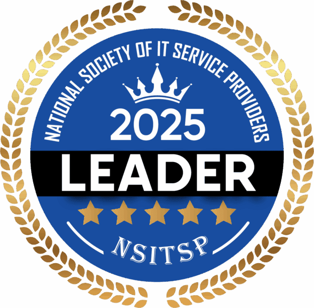 Seal with gold laurel wreath, blue background, white and black text, and gold stars, indicating 2025 leader status from the National Society of IT Service Providers (NSITSP).