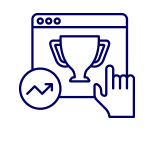Icon of a web browser window with a trophy, a cursor indicating selection, and a chart line.