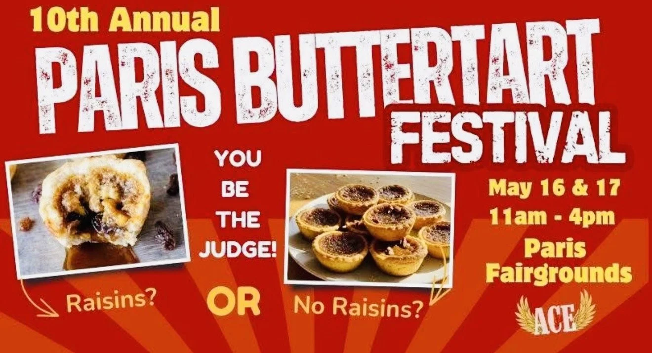 Poster for the 10th Annual Paris Butterart Festival on May 16 and 17 at Paris Fairgrounds from 11am to 4pm, featuring images of raisin-filled and no-raisin-filled baked goods. Text encourages judging and asks 'Raisins?' and 'No Raisins?'