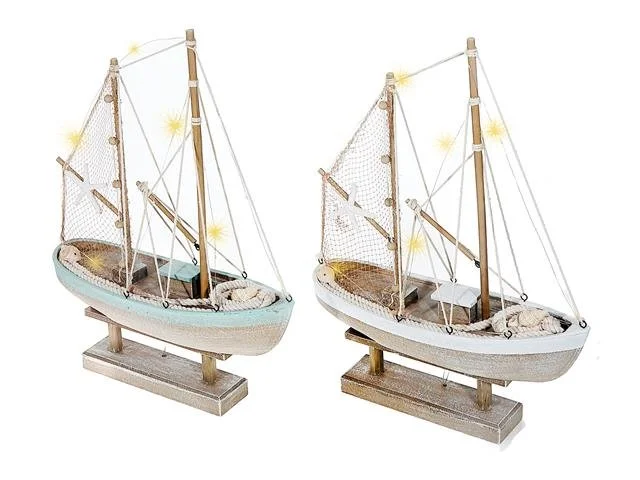 Large Blue & White Stripe Wooden Sailboat LED Decor