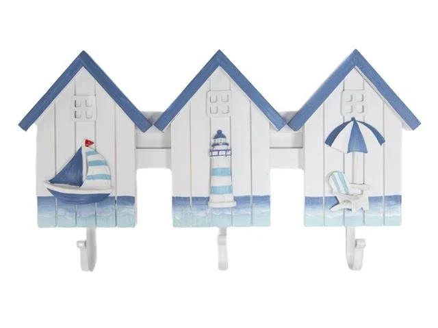Blue Coastal Wood Triple House Wall Hook
