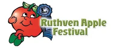 Logo for the Ruthven Apple Festival featuring a smiling cartoon apple with a green leaf and red body, alongside text that reads 'Ruthven Apple Festival'.
