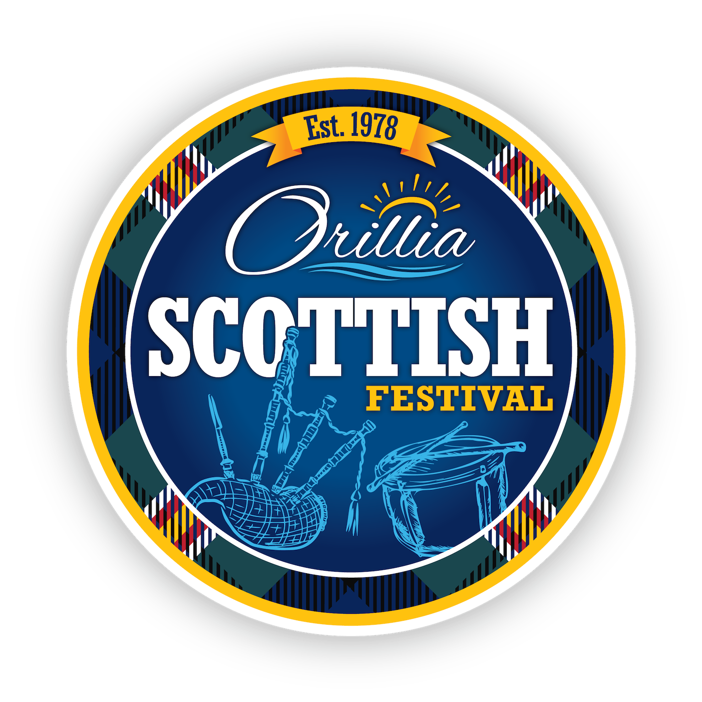 See you July 18, 2026 at Drilla Scottish Festival, established in 1978, featuring bagpipes, a drum, and tartan patterns.