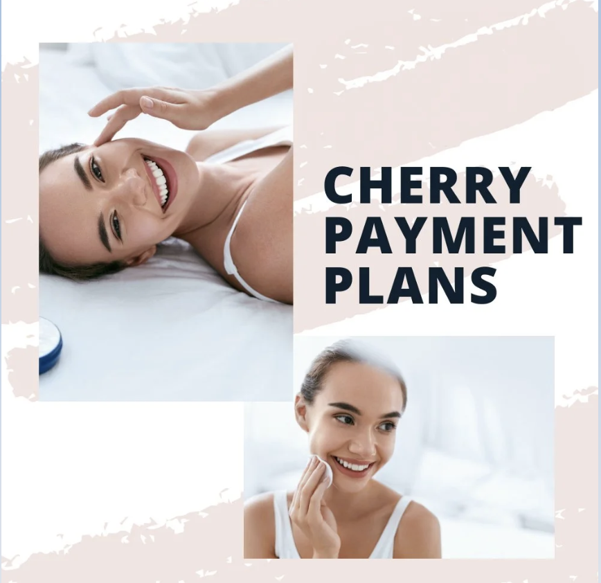 Promotional image for Cherry Payment Plans featuring smiling women, one lying in bed and another touching her face.