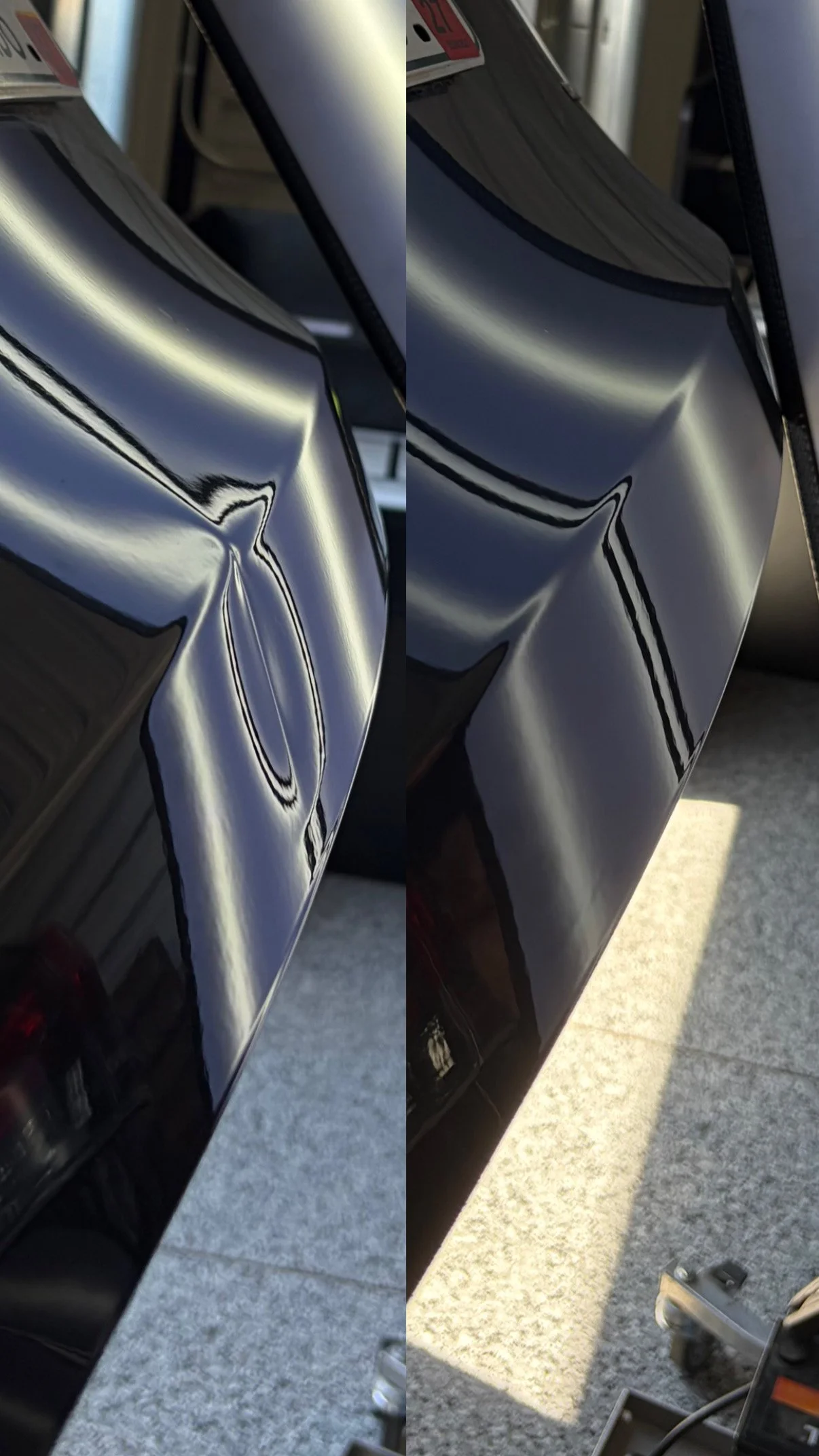 Close-up of a shiny, metallic object with reflective surfaces, possibly a vehicle or machinery, with a dark background.