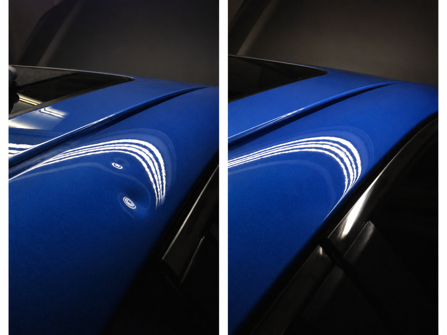 Close-up of a blue car's hood with reflections of overhead lights
