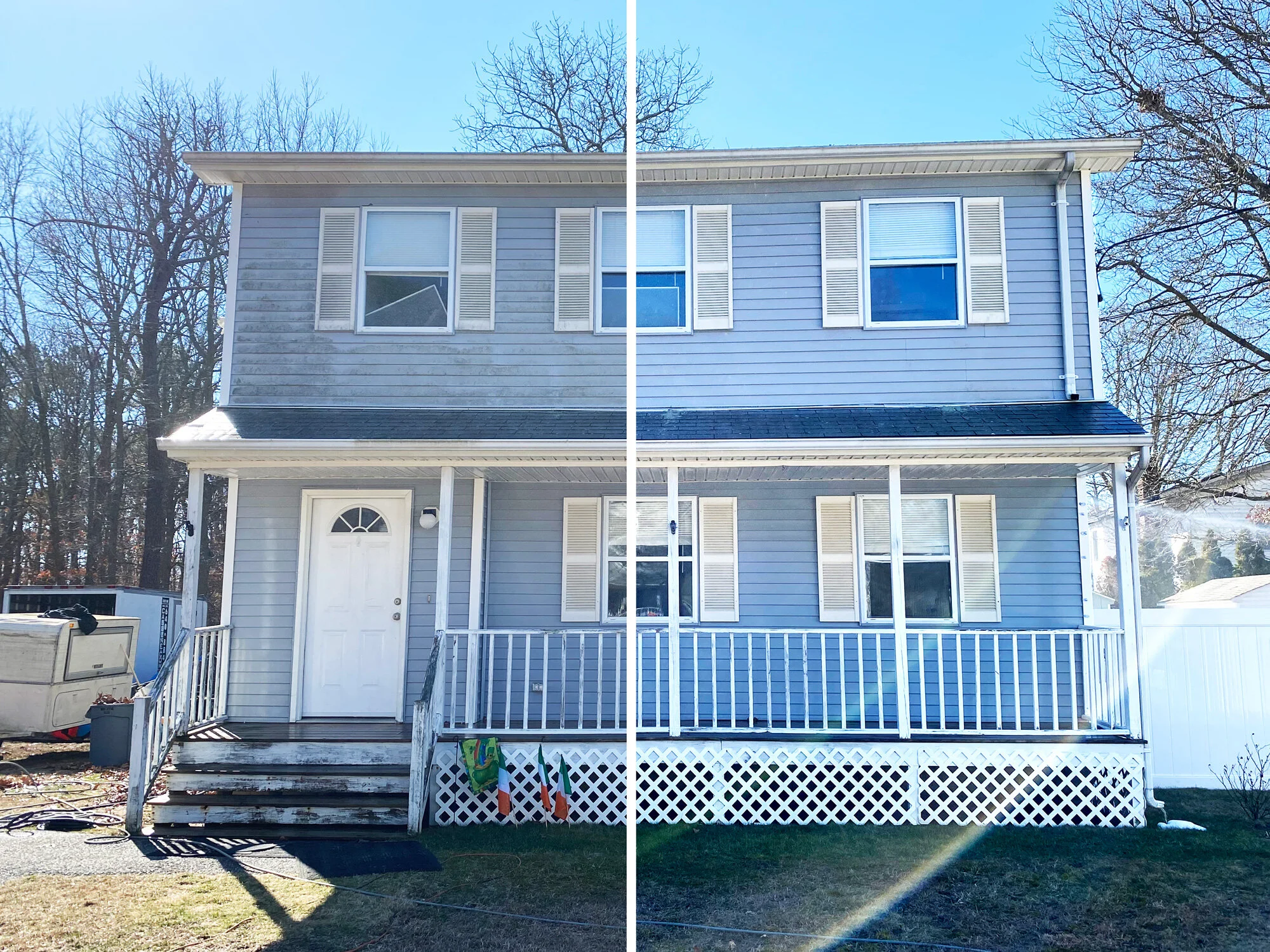 A before and after comparison photo of a two-story, vinyl siding house cleaned by the M &M ProWash soft wash exterior cleaning for vinyl siding service.