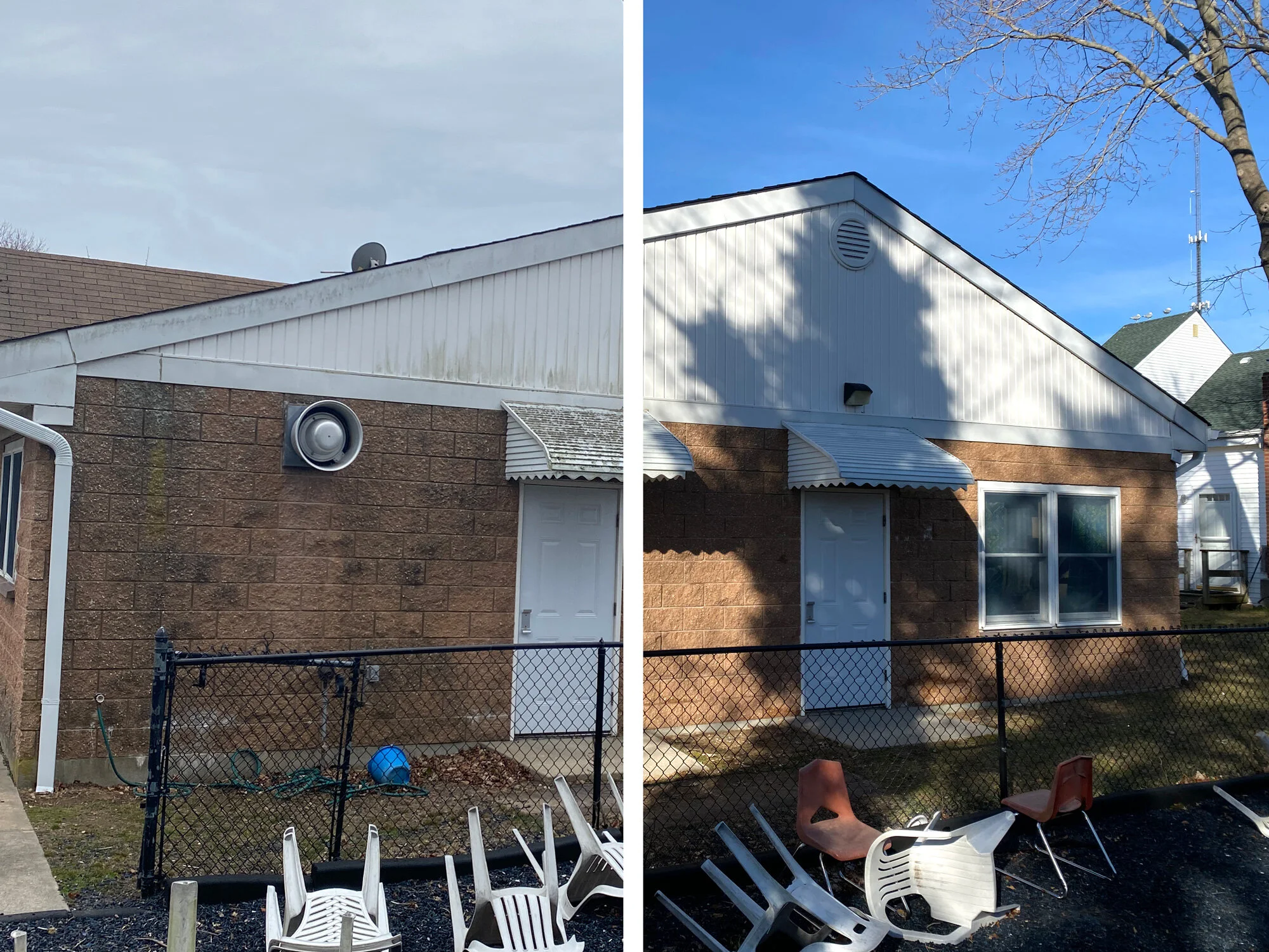 Comparison photo of the back facades of a house before and after professional soft wash pressure washing and exterior cleaning in Putnam, CT.