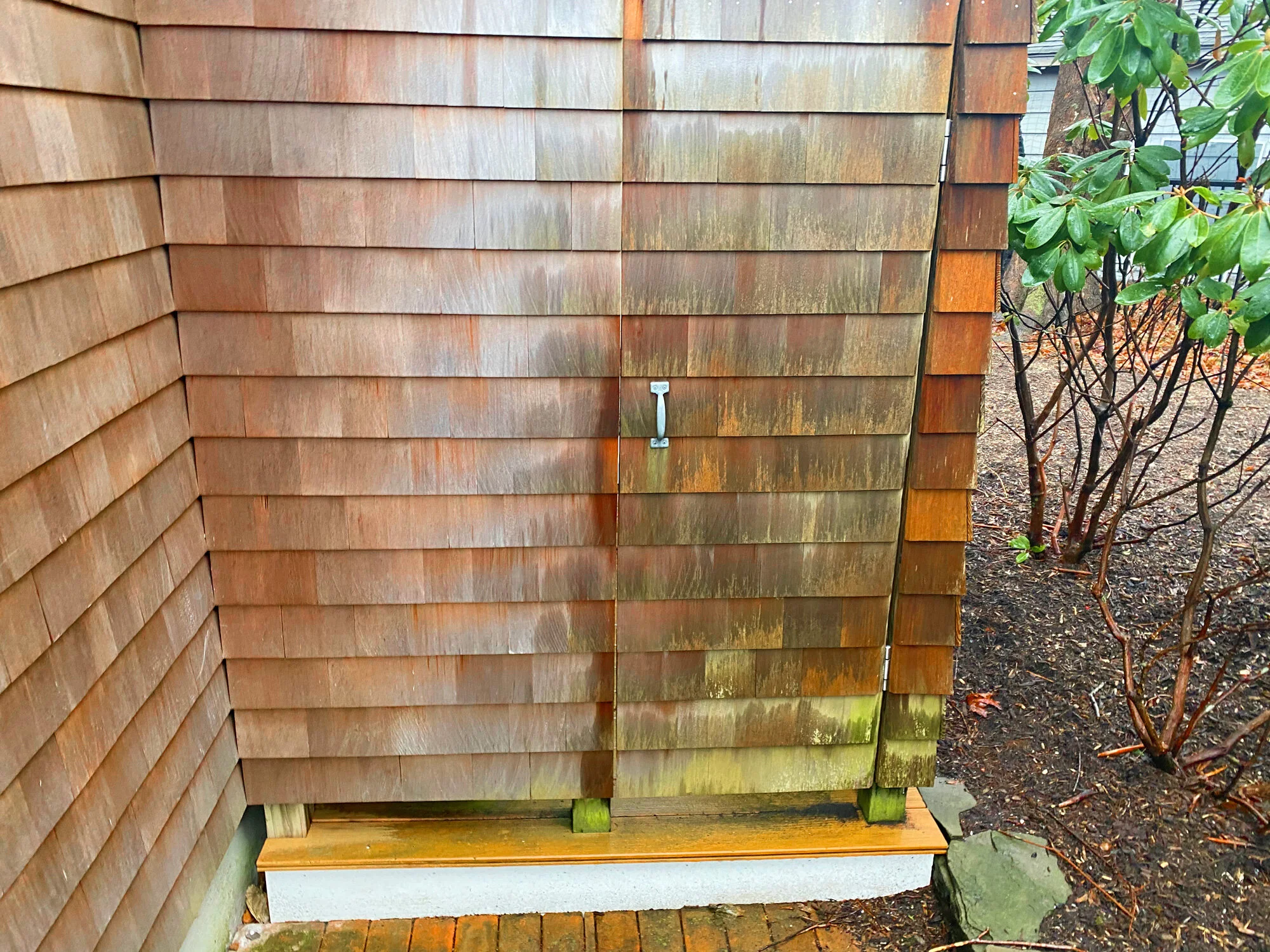 Before and after comparison photo of a wooden exterior shingle house, half the house with some green moss or algae and the other clean after professional soft wash exterior cleaning, pressure washing for delicate services in Putnam, CT.