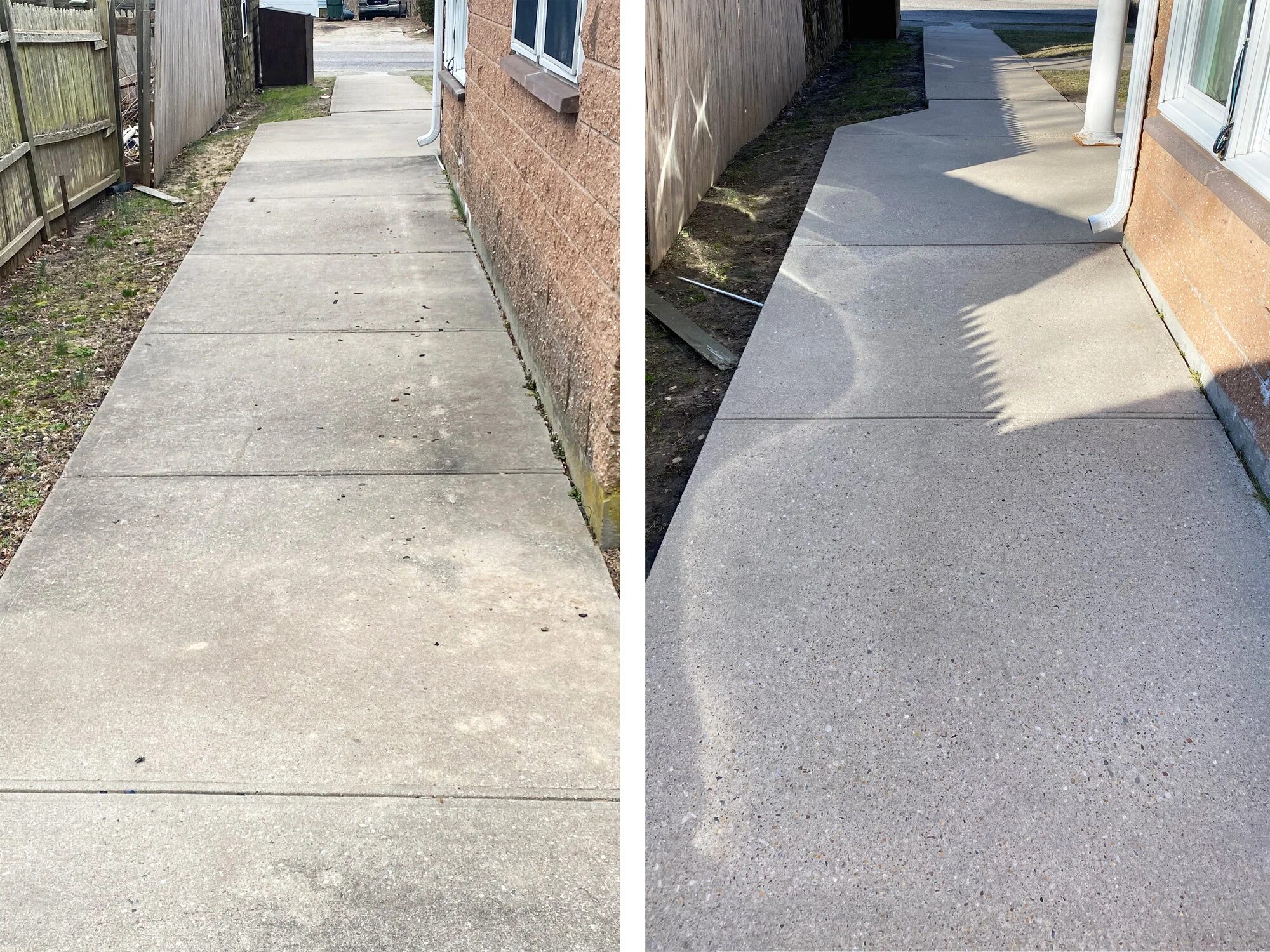 Comparison of two concrete sidewalk sections before and after M & M ProWash soft wash exterior cleaning for driveways and patios in Putnam, CT.