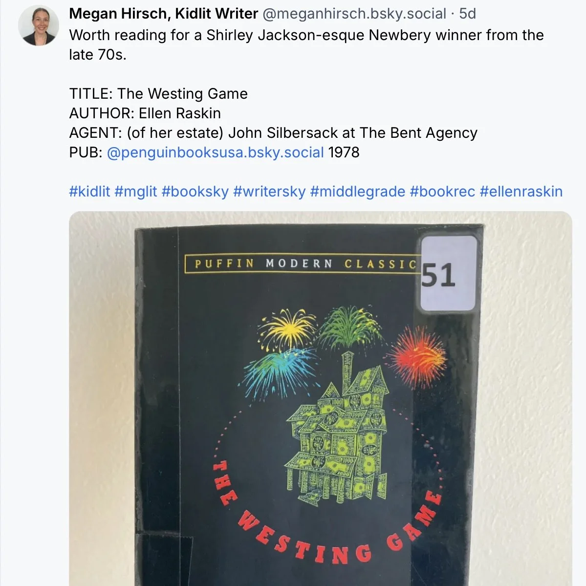 A primarily black book cover shows a house built out of $1000 bills. There are colorful fireworks in the background. The cover says "The Westing Game by Ellen Raskin"