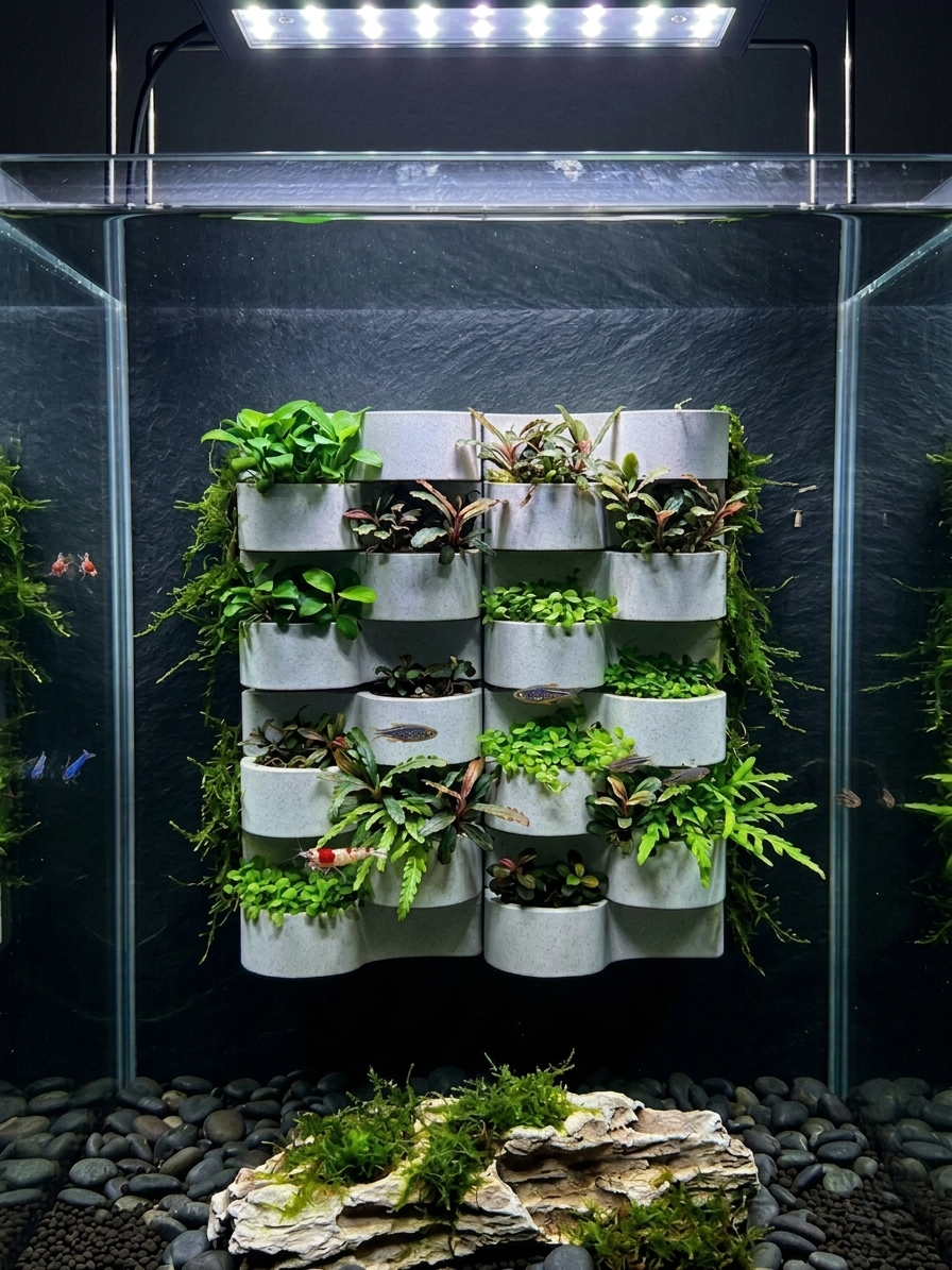 White curved aquarium planter arranged as a modular plant wall with live aquatic plants
