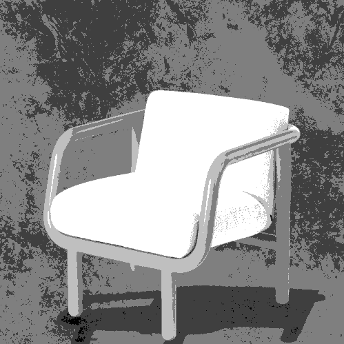 A vintage armchair with a wooden frame and white cushions, set outdoors against a textured wall.