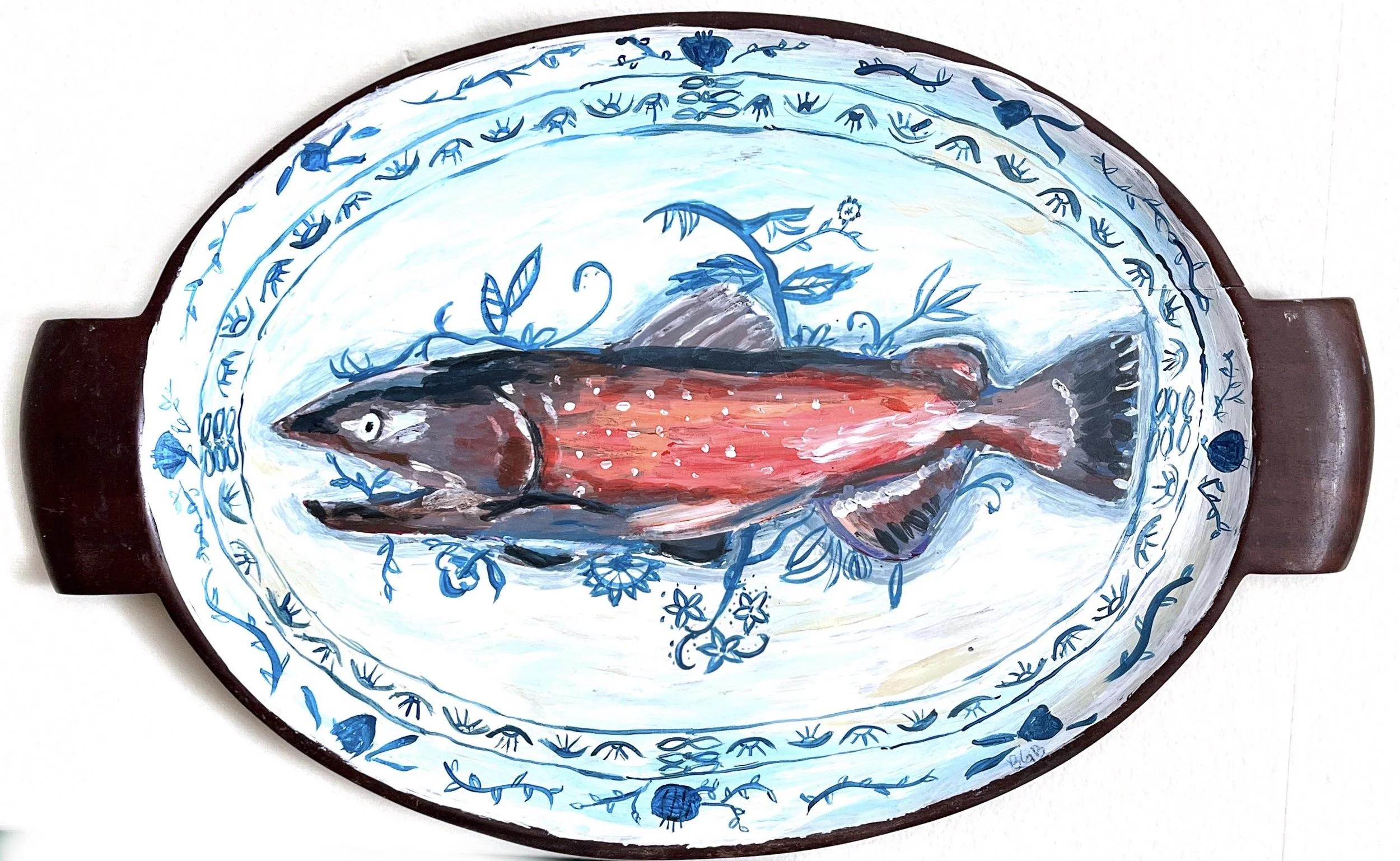 Salmon Platter | Acrylic on repurposed wooden tray, 11"x15", $280 SOLD