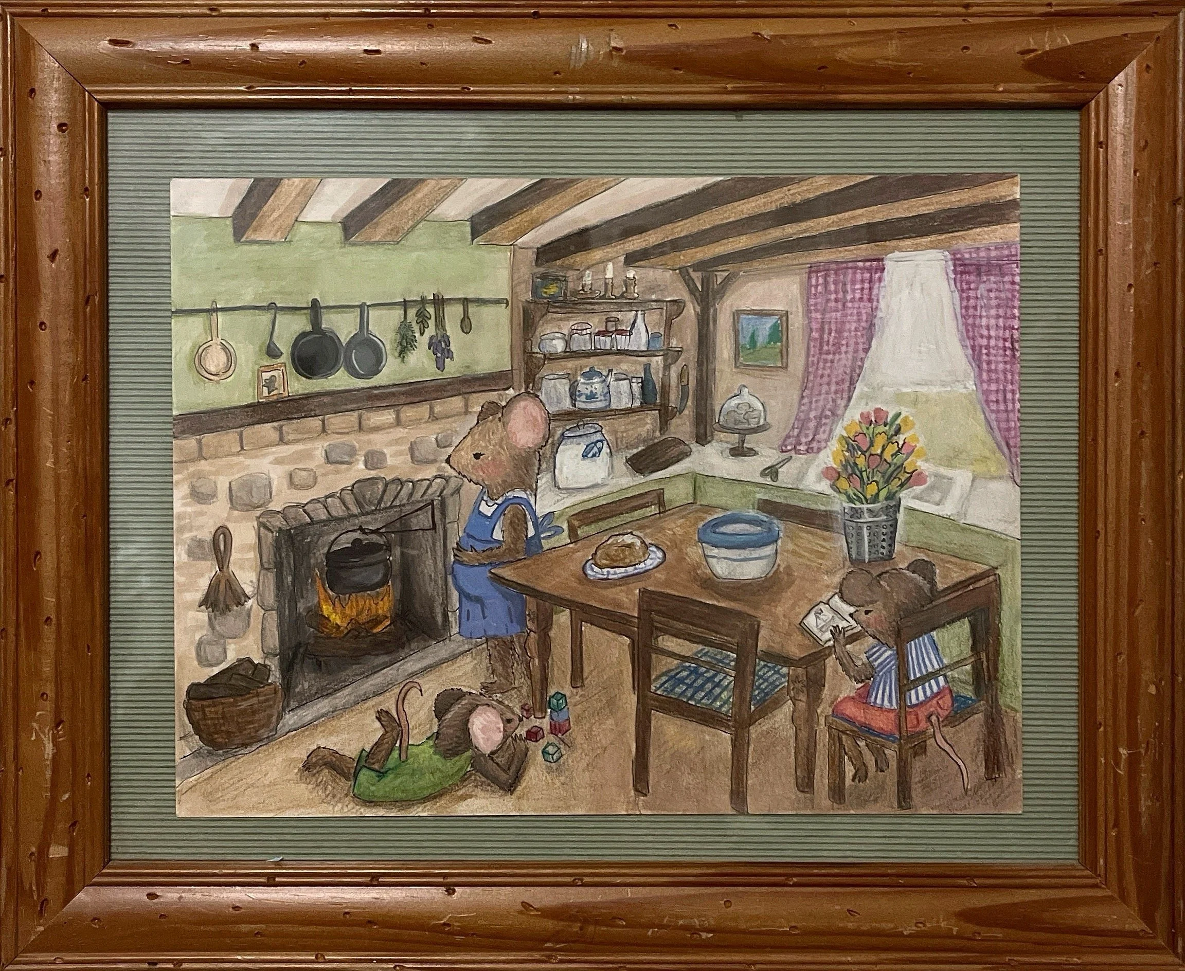 Mouse Family Home | Gouache and colored pencil, framed. Artwork itself measures 12"x9". NFS