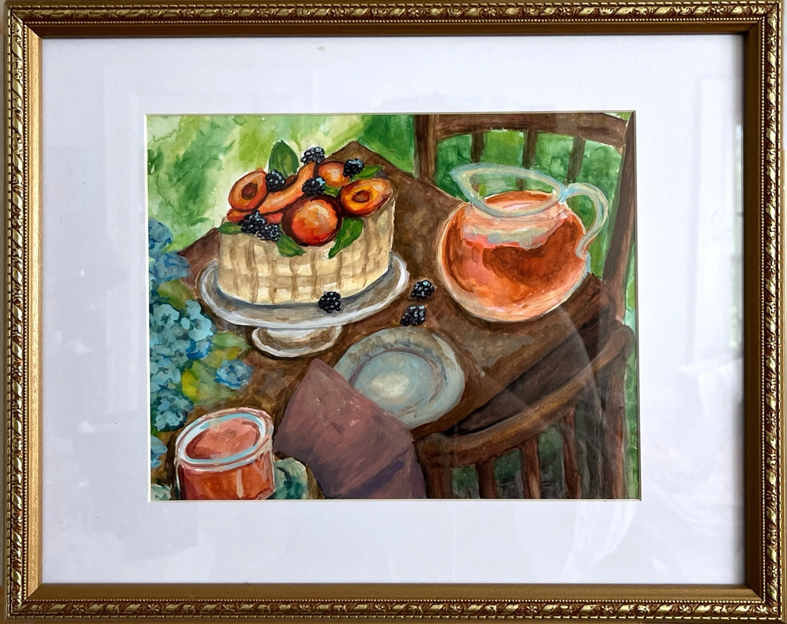 Nectarine Picnic | Watercolor, framed. Art itself measures 12"x9". $220