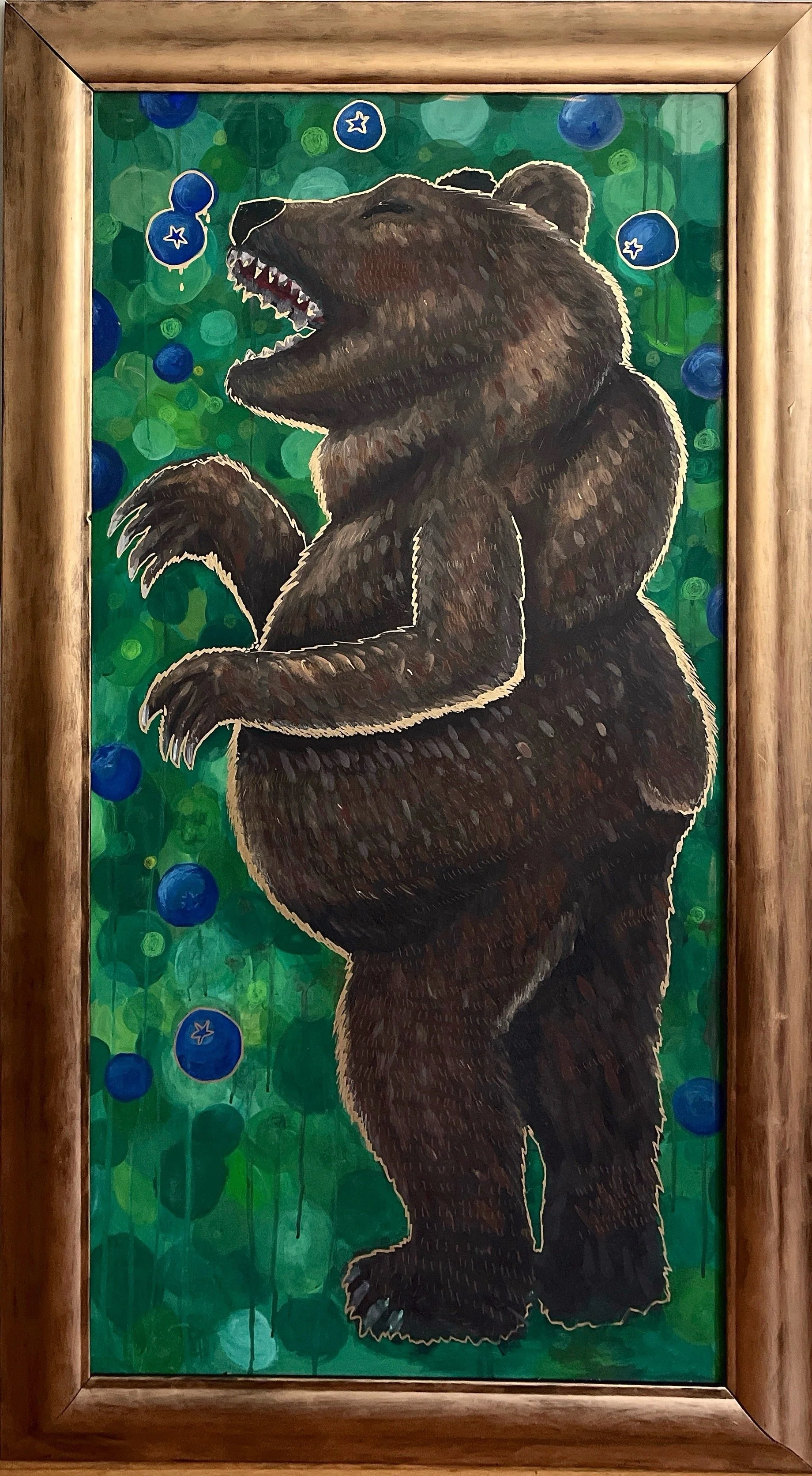 Fat Bear | Acrylic, gouache, colored pencil, metallic acrylic paint pen on mdf board with a repurposed frame. 24"x48" framed SOLD