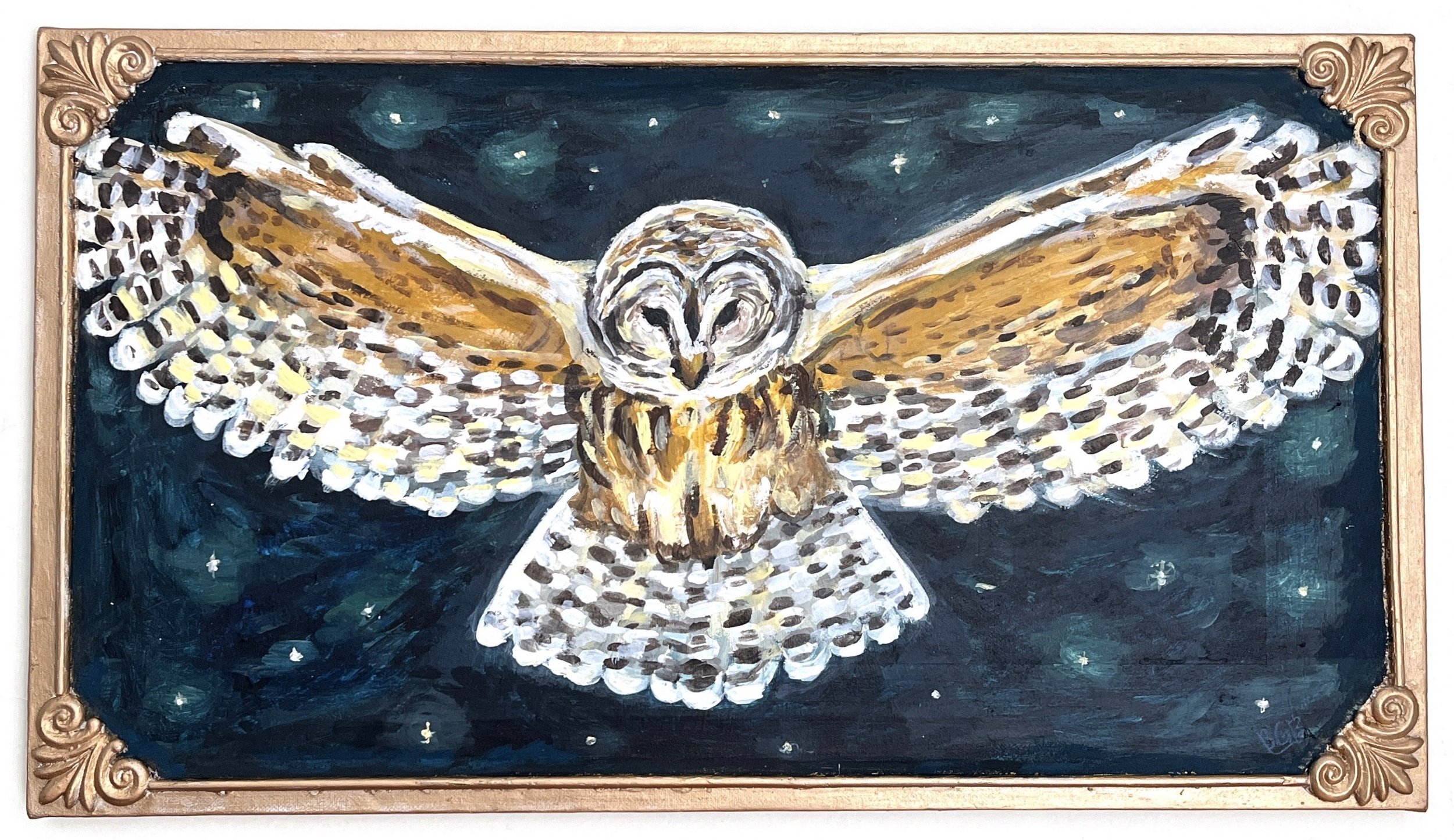 Starry Owl | Acrylic on repurposed canvas, framed. $280