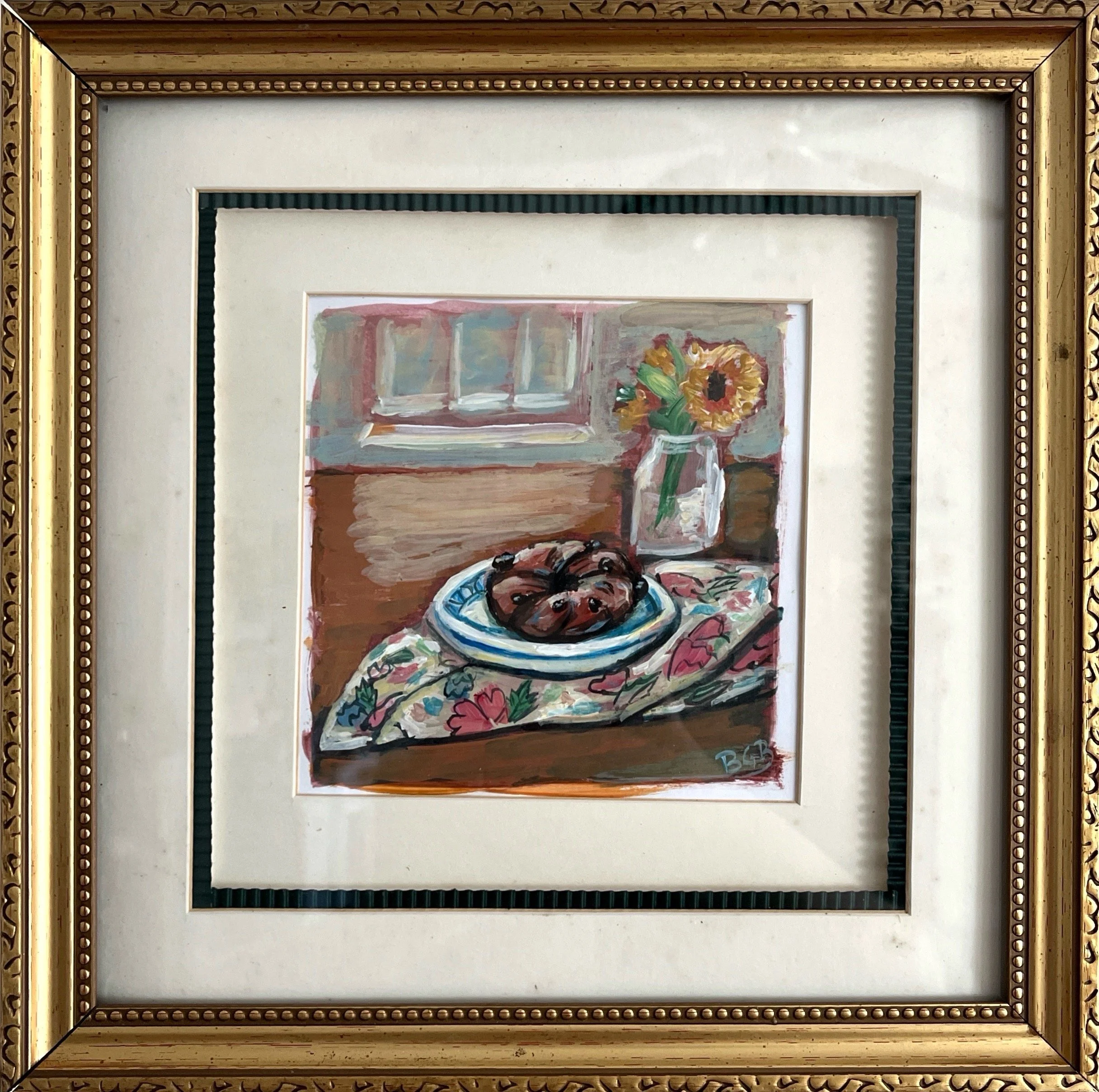 Still Life with Double-Chocolate Cherry Bagel | Acrylic, framed. Art itself measures 5"x5". Reserved.