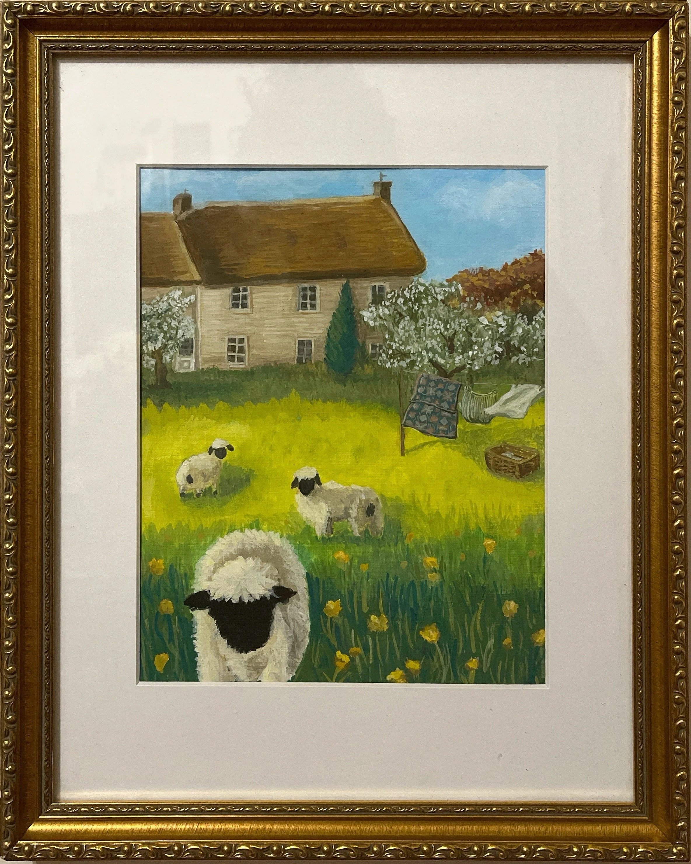 Sheep in the Meadow | Gouache on canvas paper, framed. Artwork itself is 8"x11". $180
