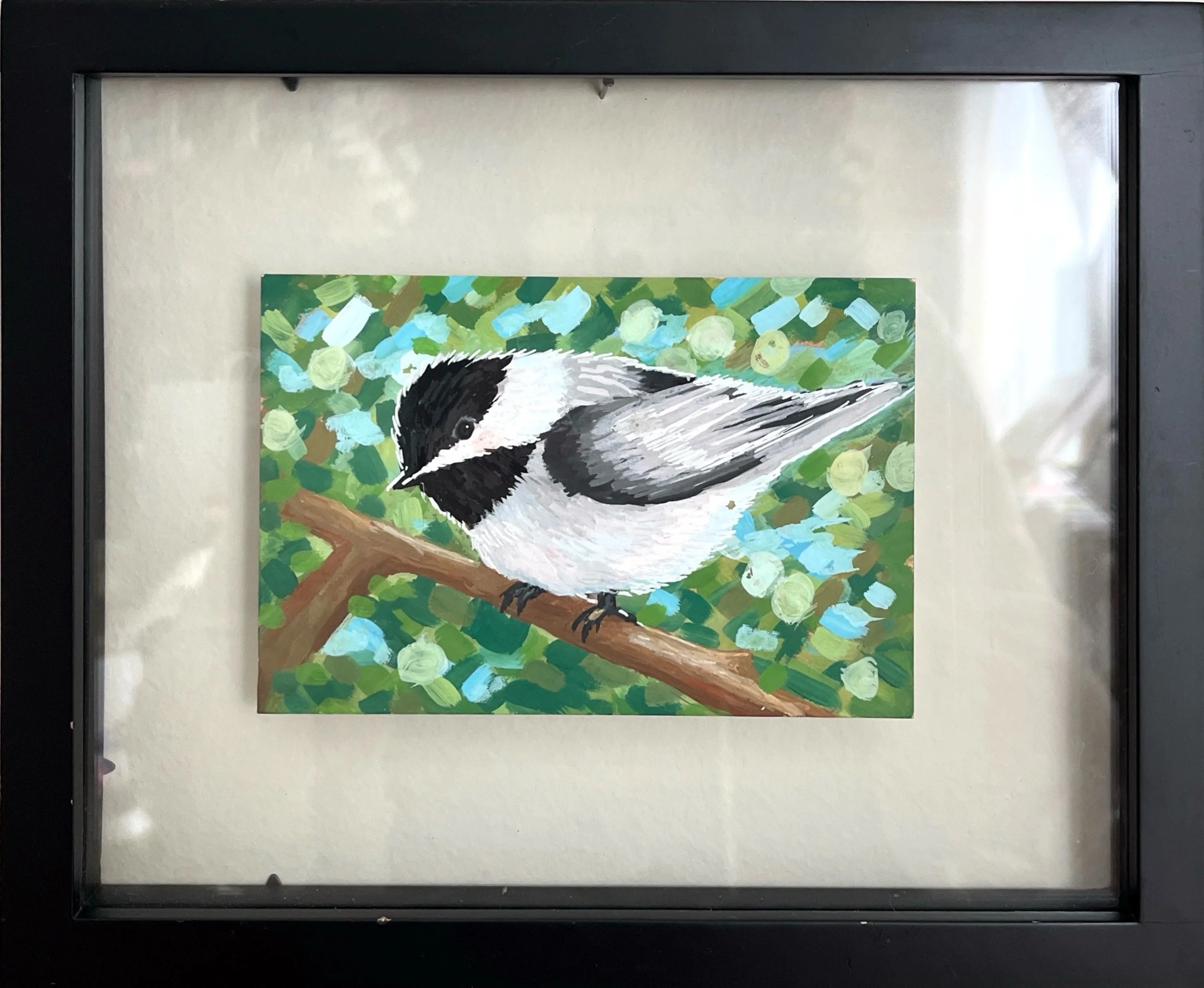 Sun-Dappled Chickadee | Gouache on cold-pressed watercolor paper, framed. Art itself measures 6"x4". $80