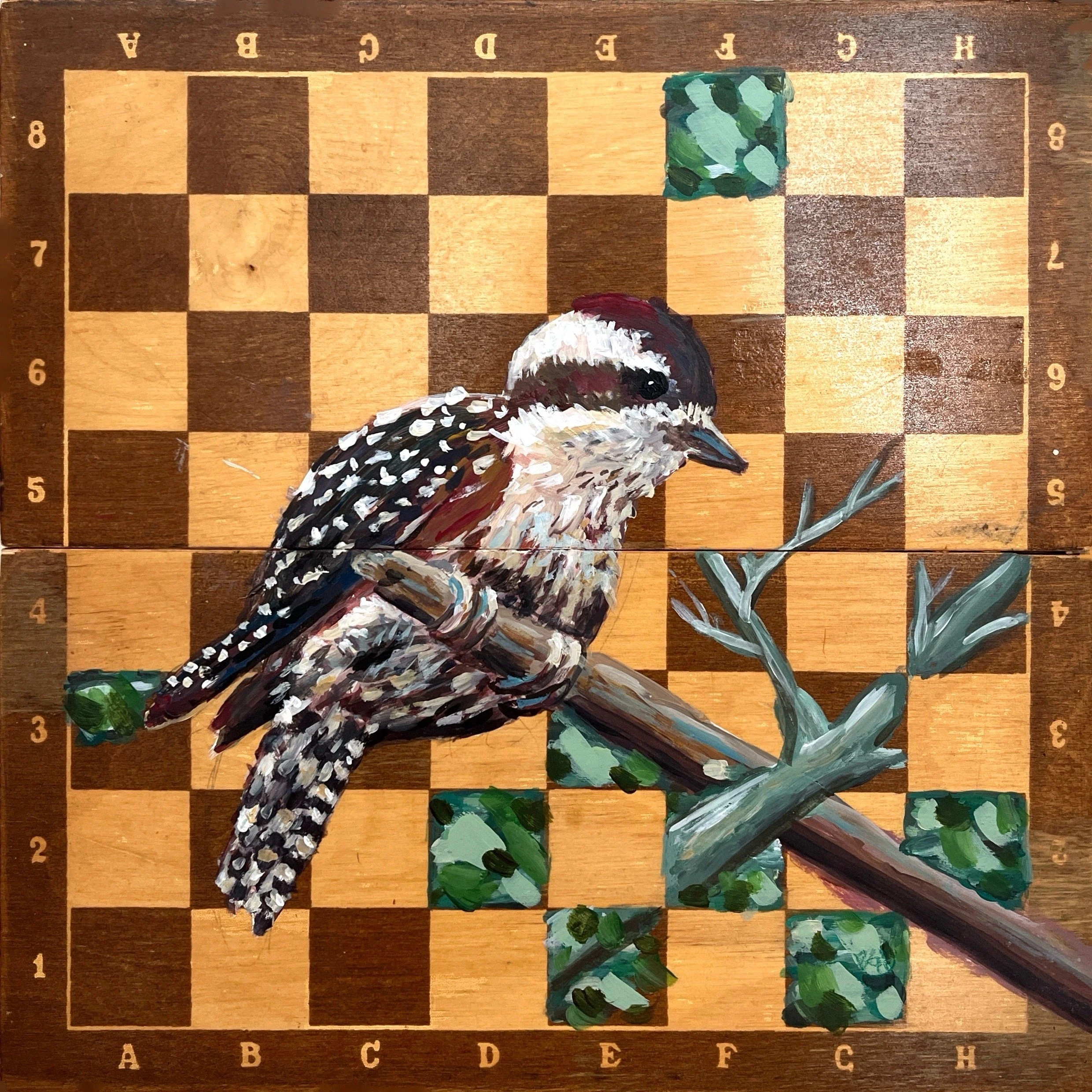 Checkered Woodpecker on a Checkerboard 
| Acrylic on repurposed checkerboard, 12"x12", $185