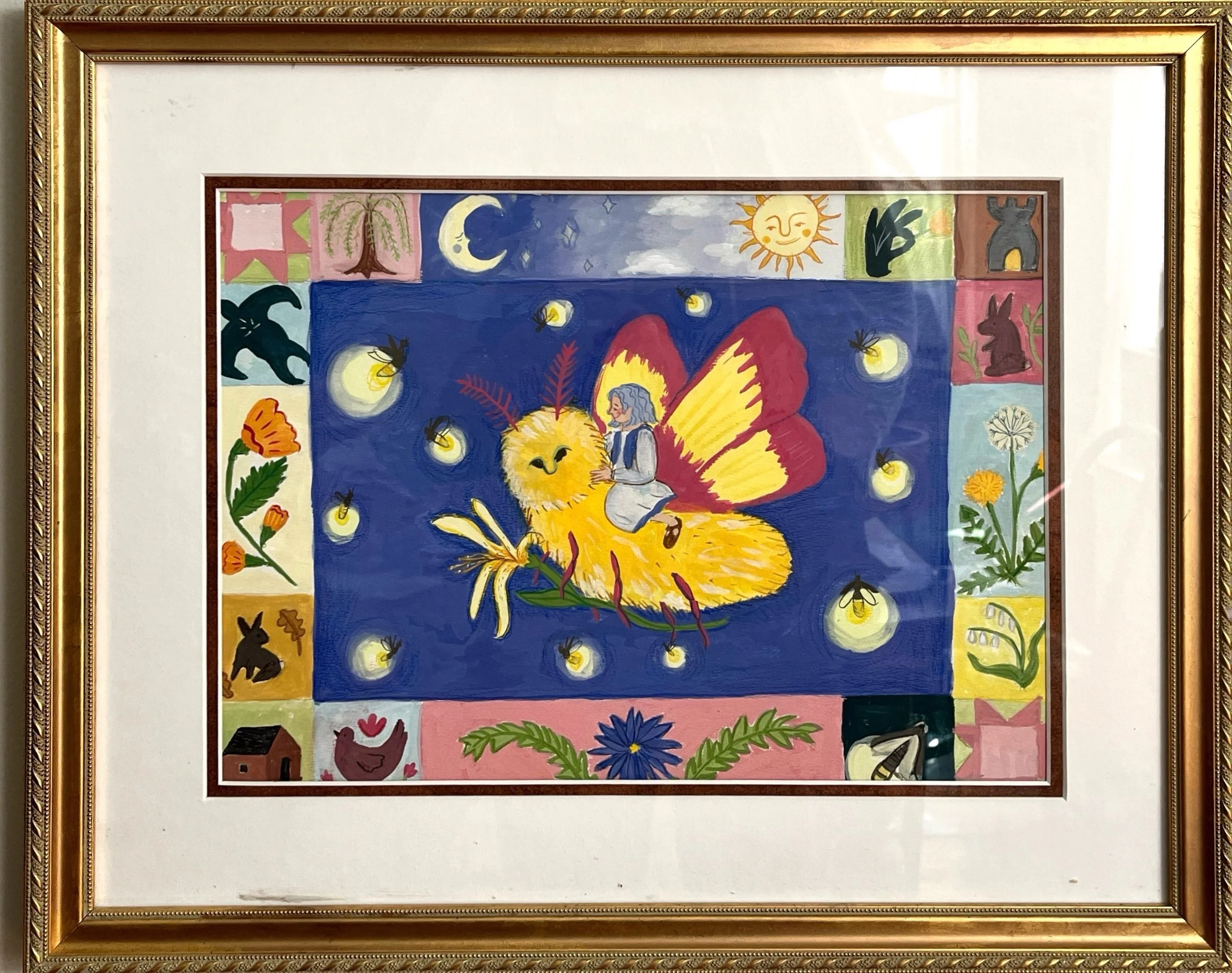The Firefly-Lit Flight | Gouache and colored pencil on cold-pressed watercolor paper, framed. Art itself measures 15"x11". NFS