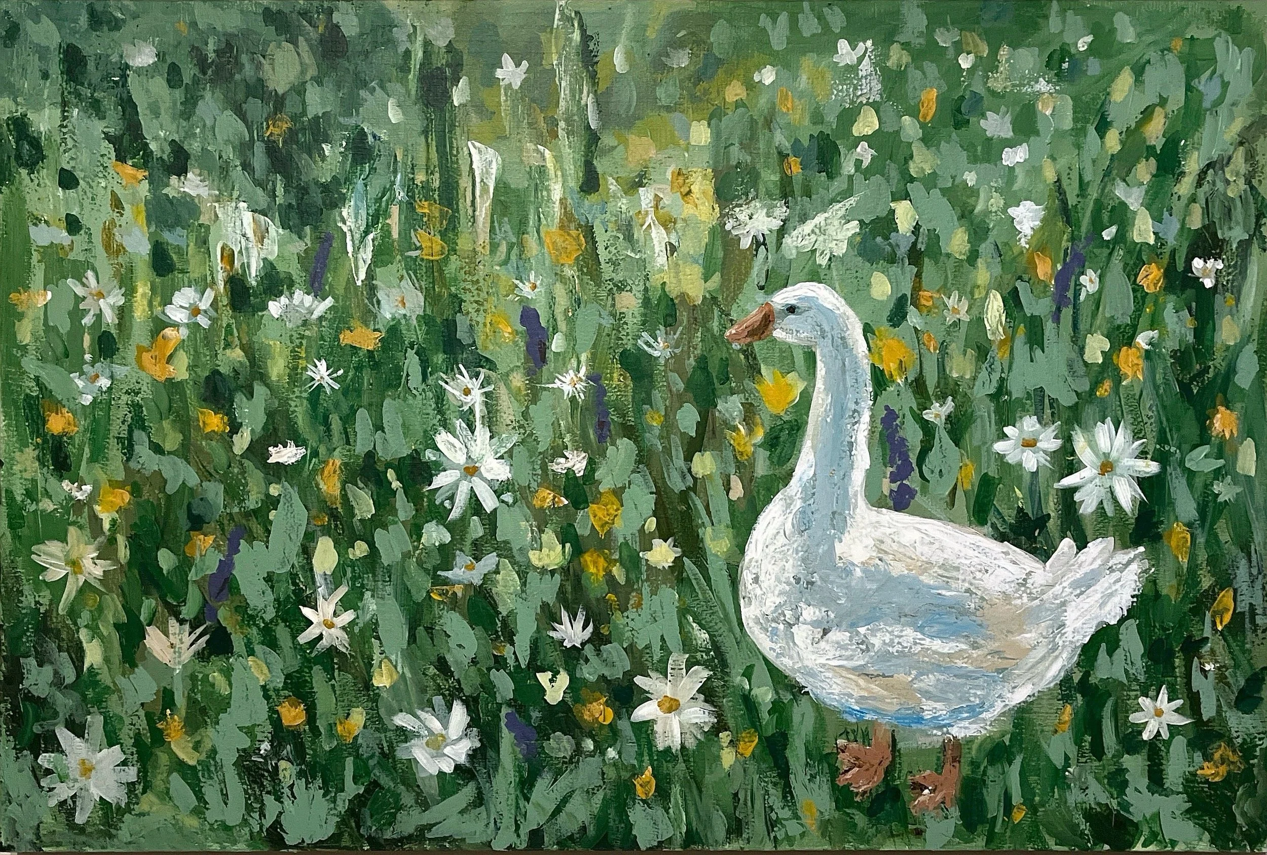Wildflower Duck | Acrylic on repurposed wooden canvas, 35.5"x23.5", $900