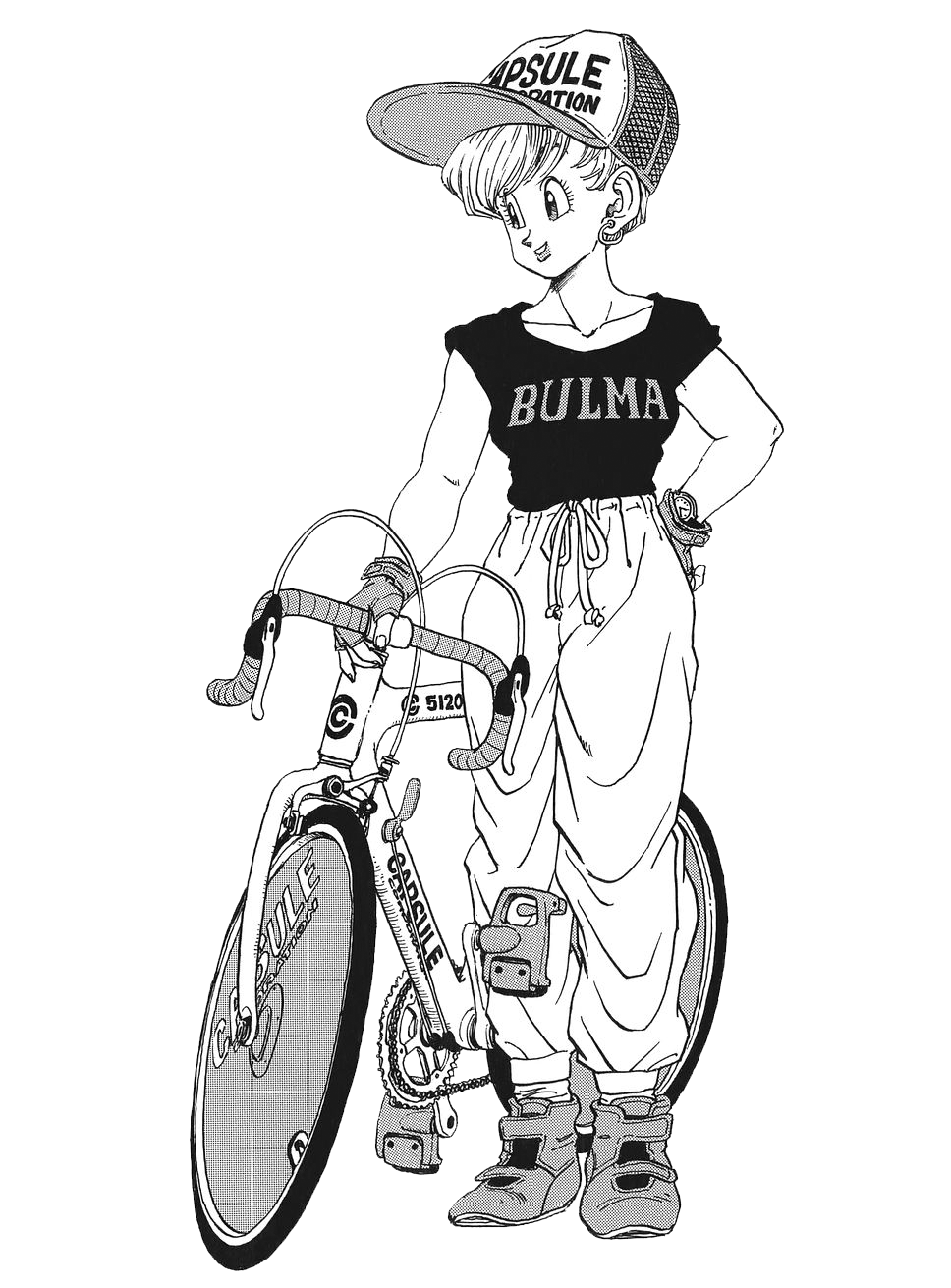 A girl wearing a cap, t-shirt, and loose pants standing with a bicycle.