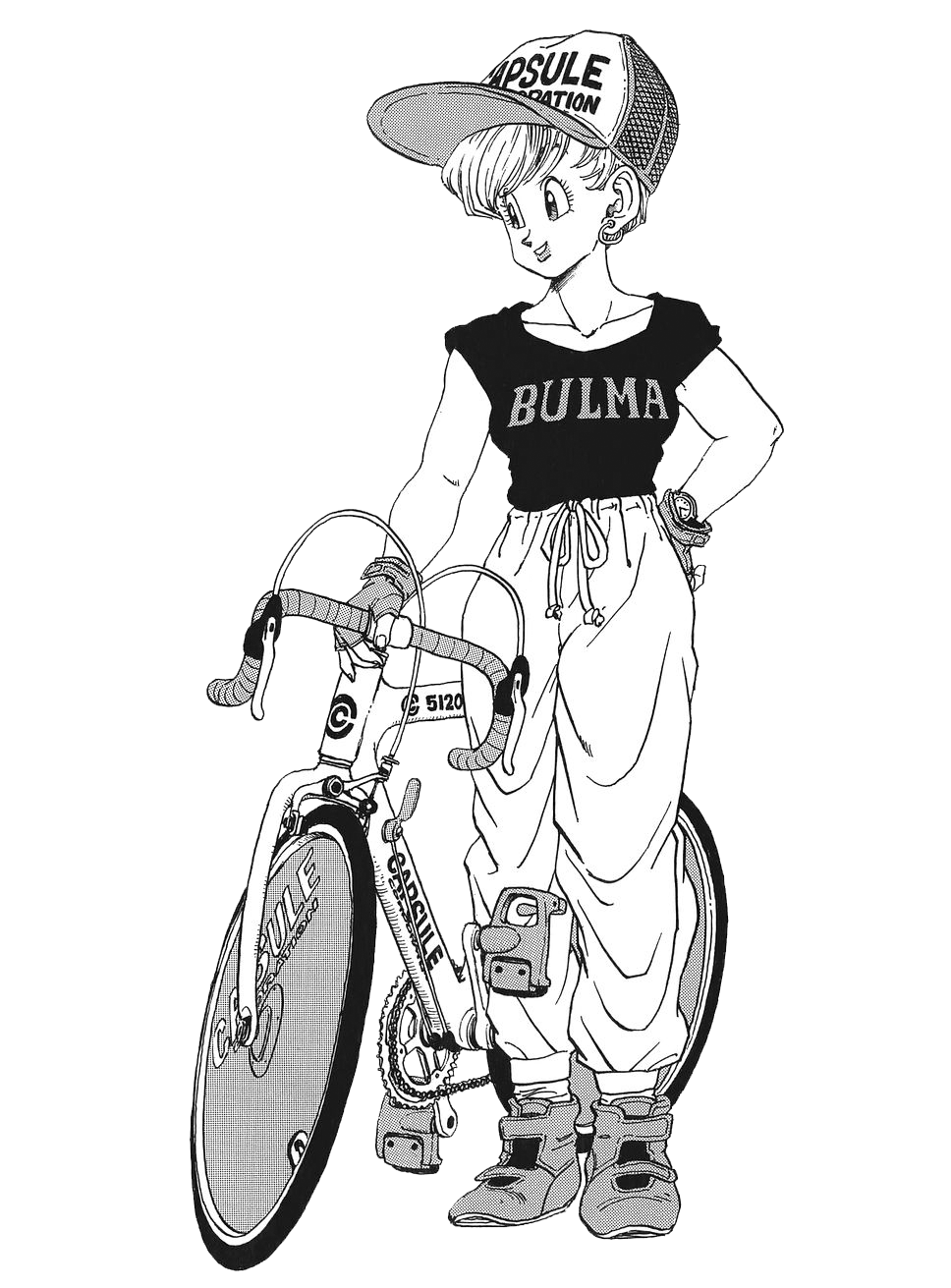 A girl with short hair wearing a trucker hat that says "Capsule Foundation," a black T-shirt with "Bulma" written on it, baggy pants, and sneakers, standing with a bicycle.