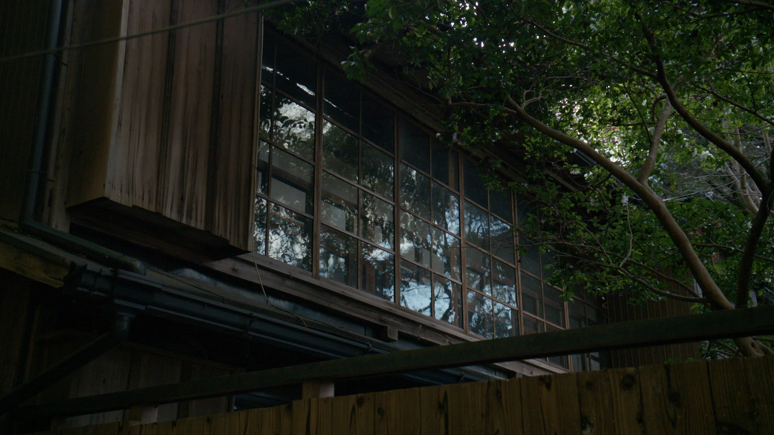 A building with large windows on the upper floor, surrounded by green trees, with reflections visible on the windows.