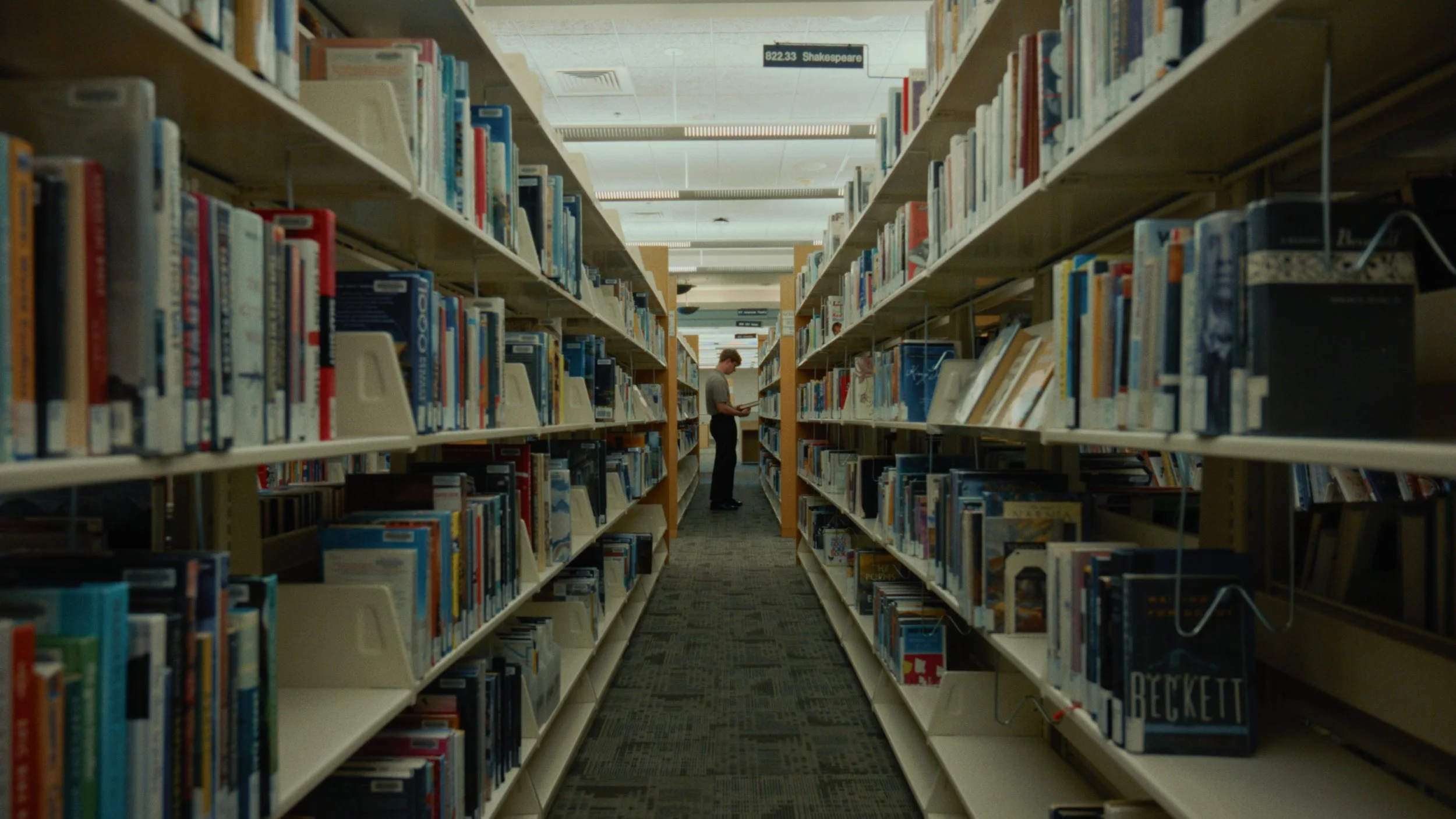 A person standing between two tall bookshelves in a library, reading a book. The shelves are filled with books and there is a sign above with the text '822.33 Shakespeare'.