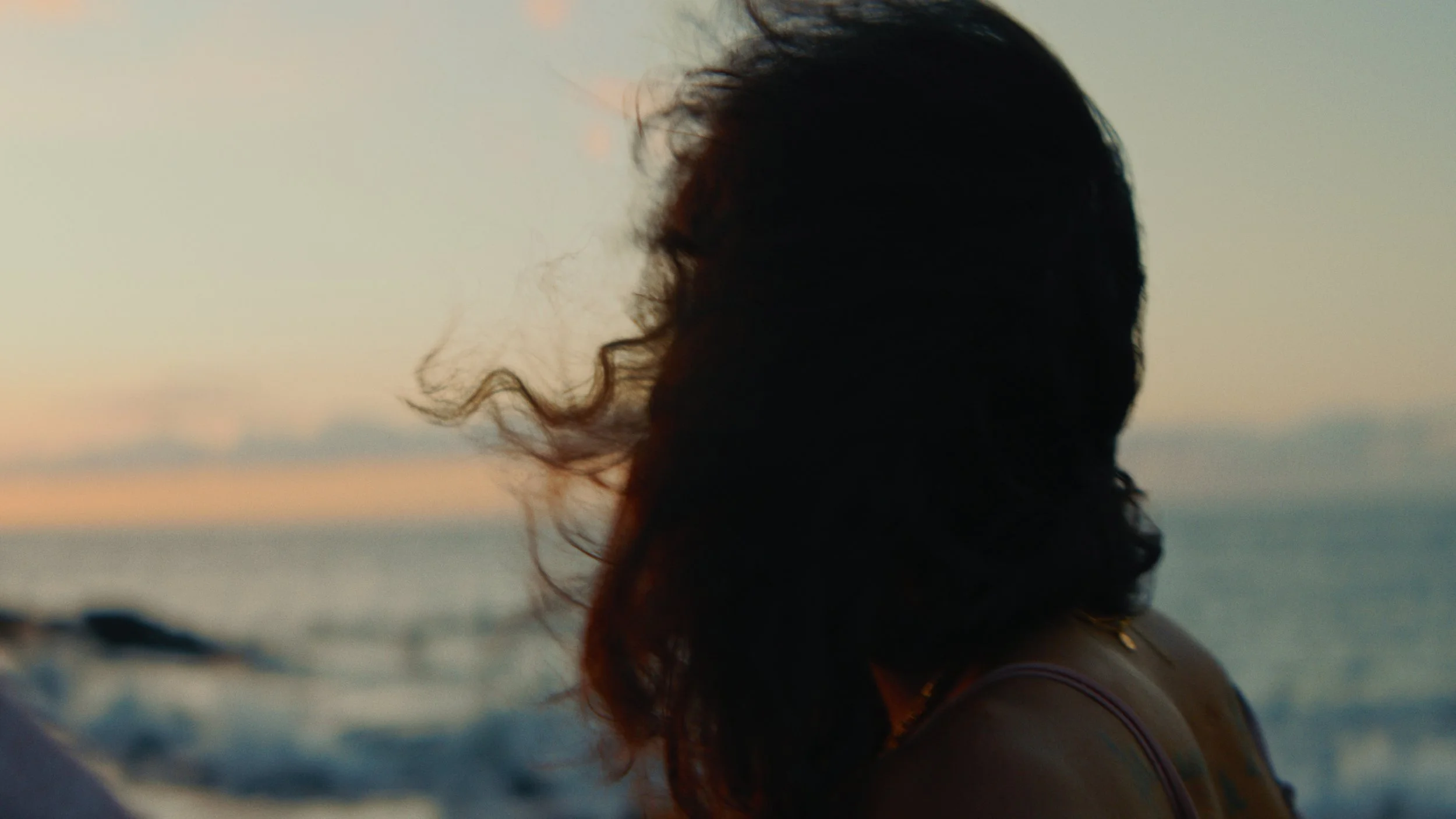 Silhouette of a woman with curly hair looking to the side against a sunset sky.