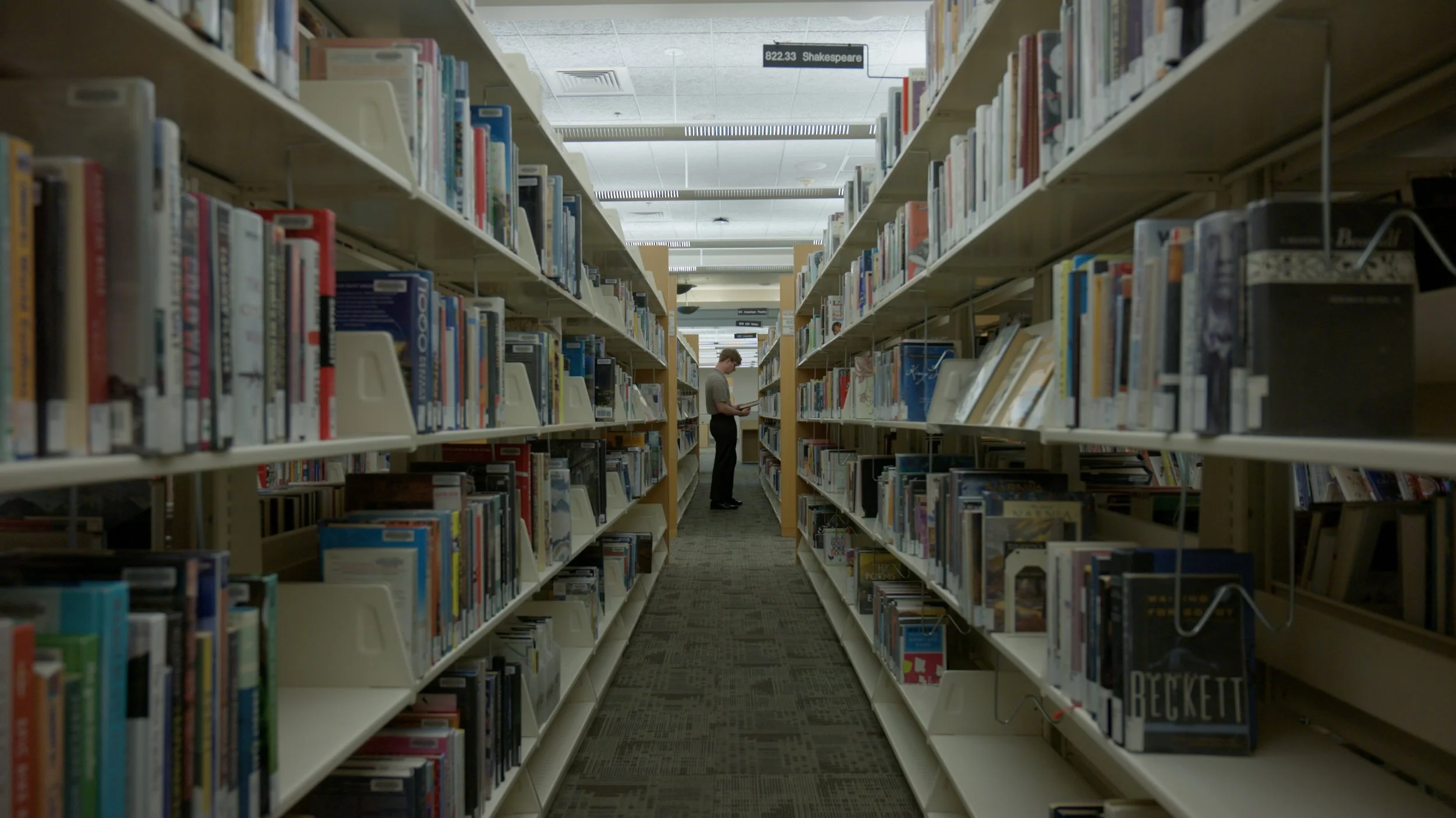 A person reading a book in the middle of a library aisle, flanked by bookshelves filled with books. The bookshelves are beige and the ceiling has fluorescent lights. There is a sign indicating the section as '822.33 Shakespeare'.
