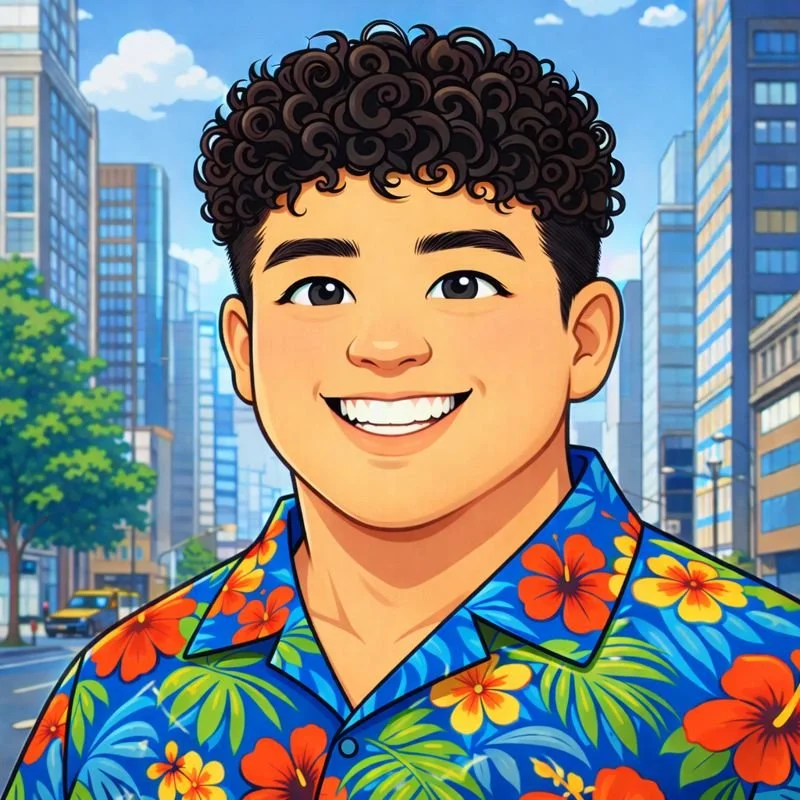 A cartoon illustration of a young man with curly hair wearing a vibrant Hawaiian shirt with orange, yellow, and red flowers and green leaves, standing on a city street with tall buildings, trees, and blue skies in the background.