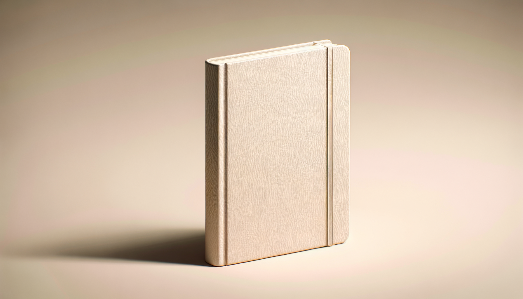 A beige hardcover notebook standing upright on a light surface with a shadow cast to the left. The notebook has a textured cover and a matching elastic band to keep it closed.