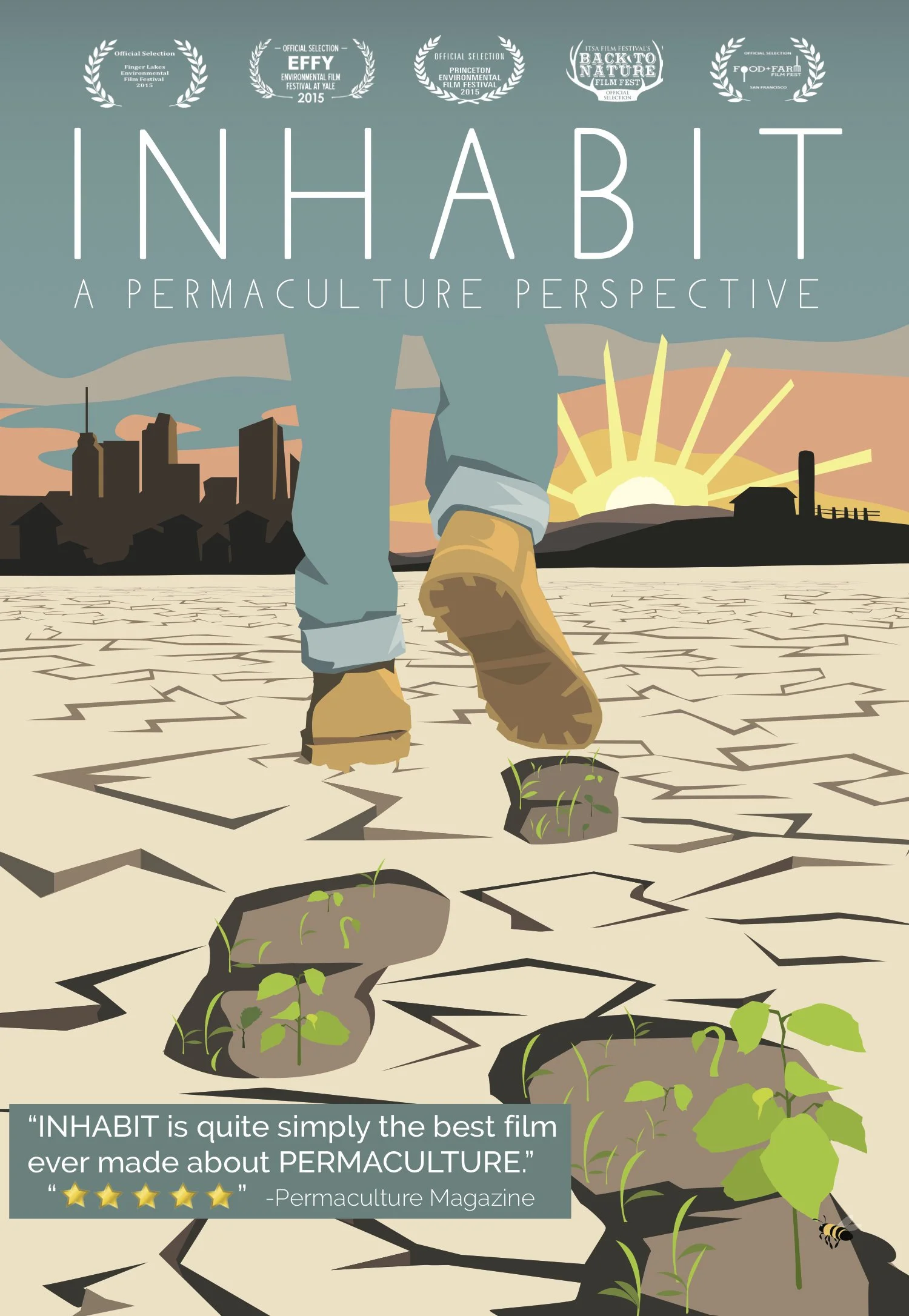 Film poster for 'Inhabit: A Permaculture Perspective' showing a person's legs and boots walking across dry, cracked soil with small green plants growing in the cracks, with a city skyline on the left and a sunset in the background.