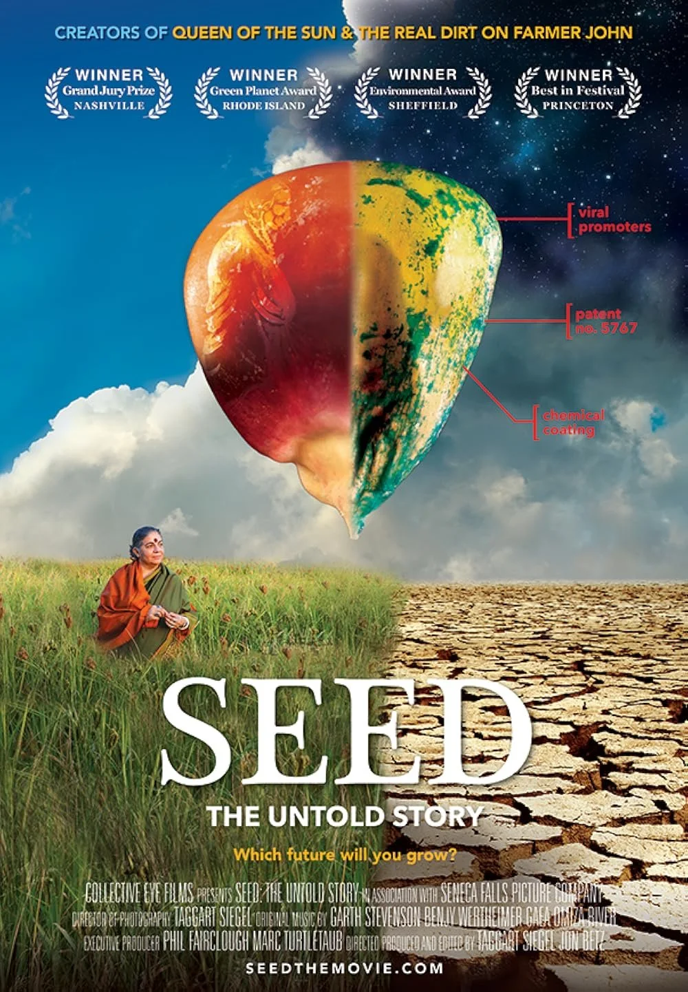 A promotional poster for the film 'Seed: The Untold Story' showing a split apple with one side vibrant and healthy, and the other side with a chemical coating. A woman sits on grass near a dry, cracked earth. The poster highlights awards and features, asking "Which future will you grow?"