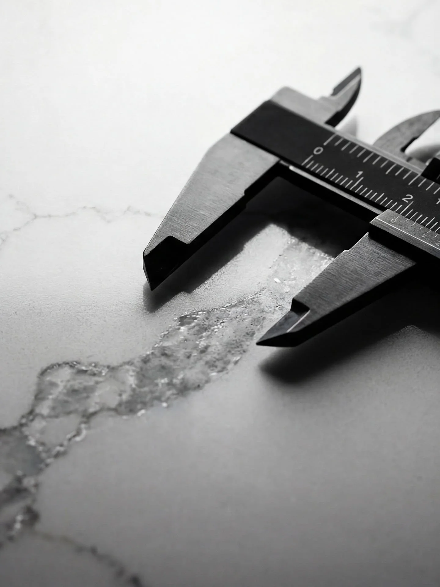 A scientific caliper measuring a crystal-like substance on a white surface.