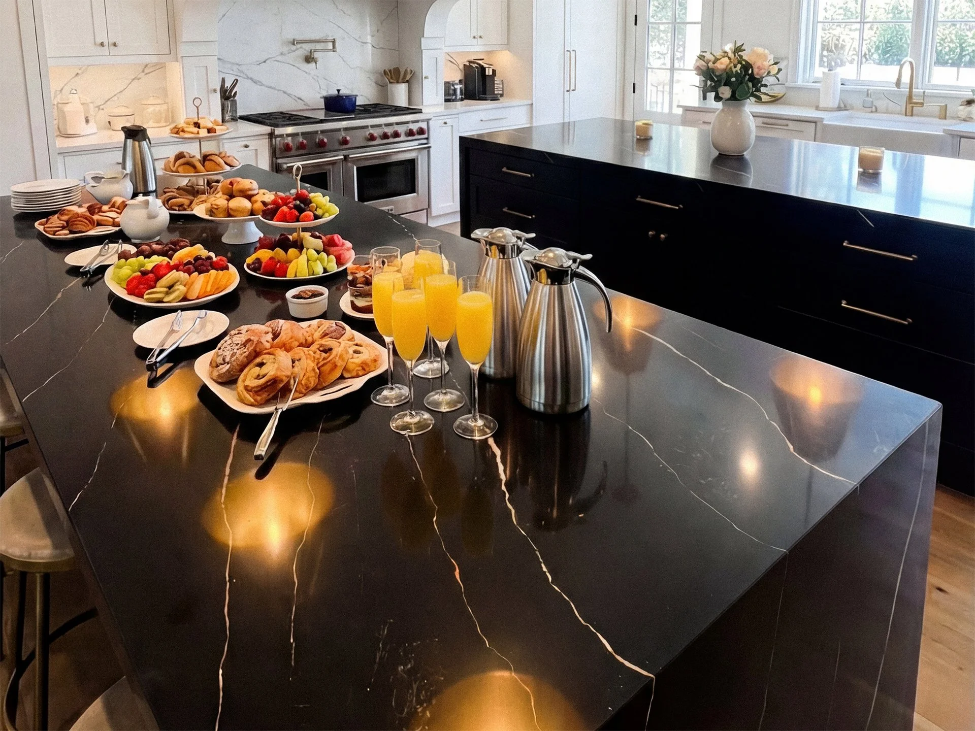 Breakfast spread on a black marble kitchen island with fruit, pastries, orange juice, and coffee.