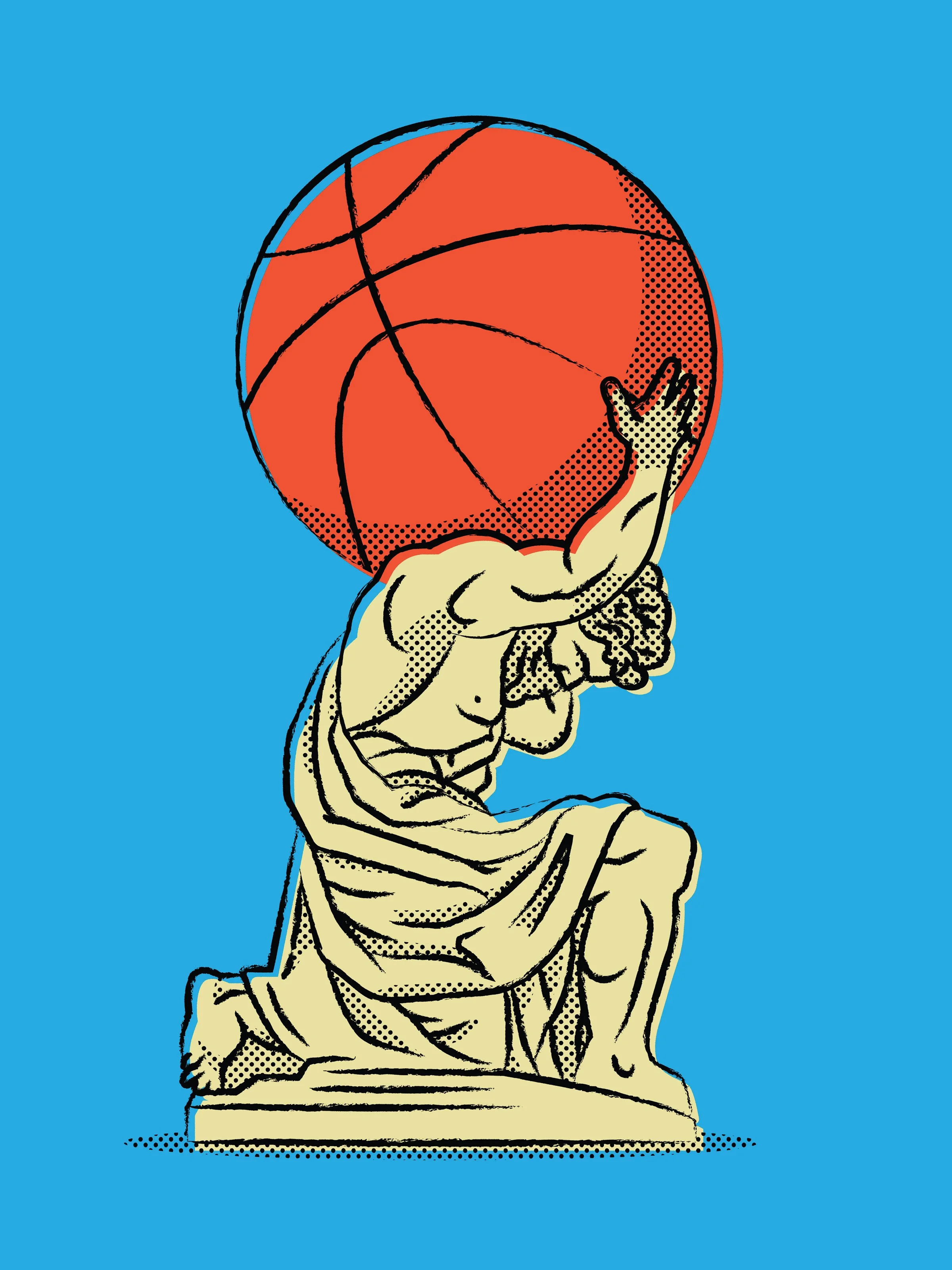 A drawing of a statue of Atlas carrying the world, except the world is a basketball.