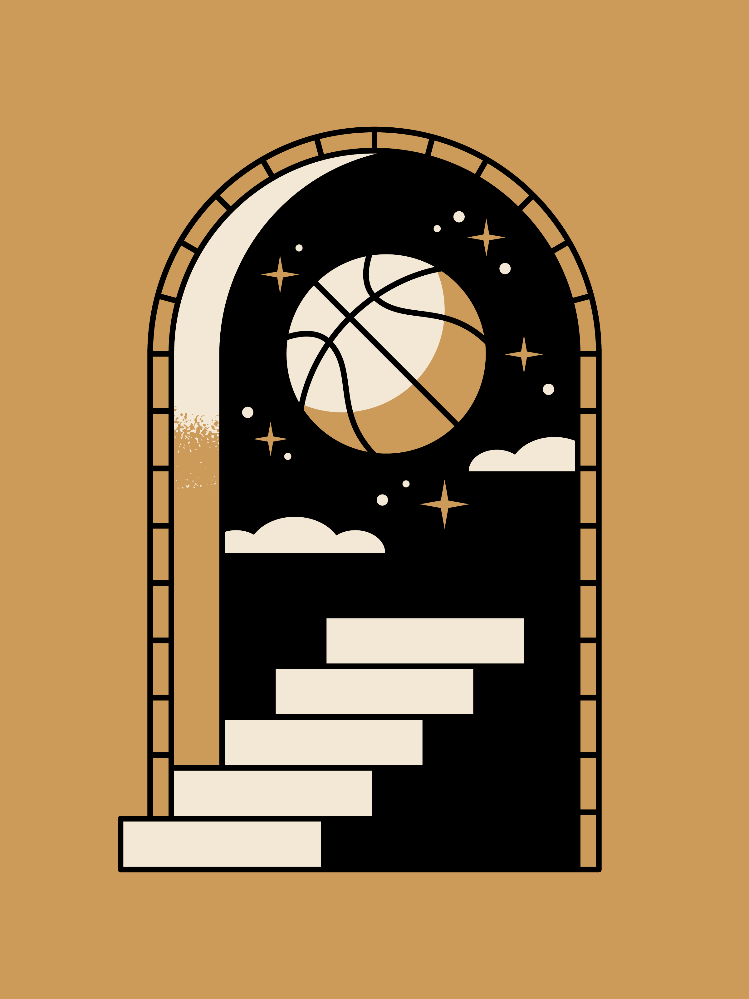 A staircase leading through an archway to the sky, with a basketball moon.