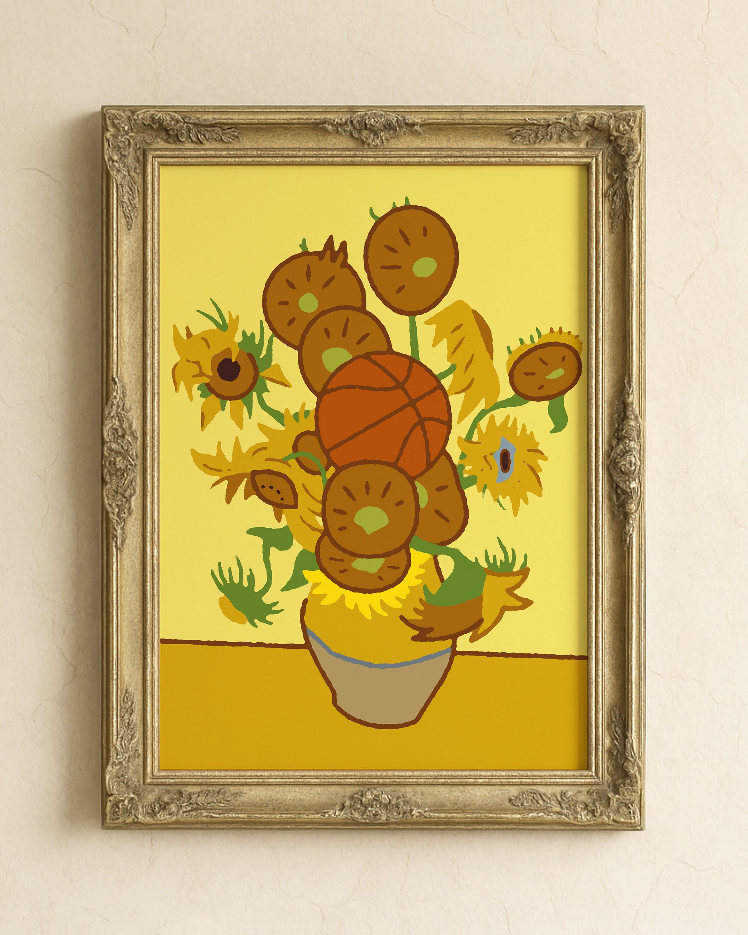 Re-creation of Van Gogh's "Sunflowers" with a basketball added.