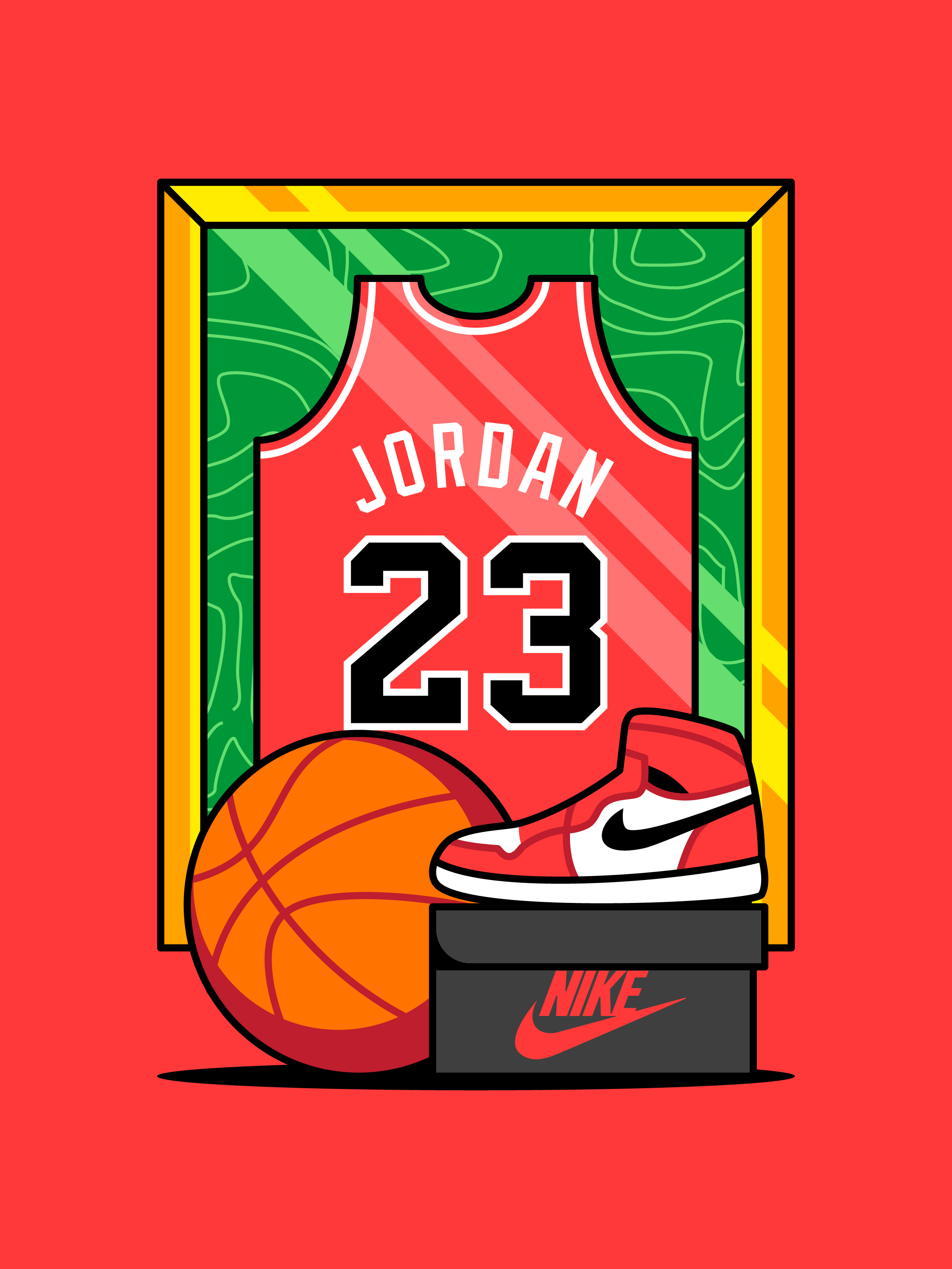 A framed red "23" basketball jersey. A basketball and basketball shoe sitting on a shoe box are in the foreground.