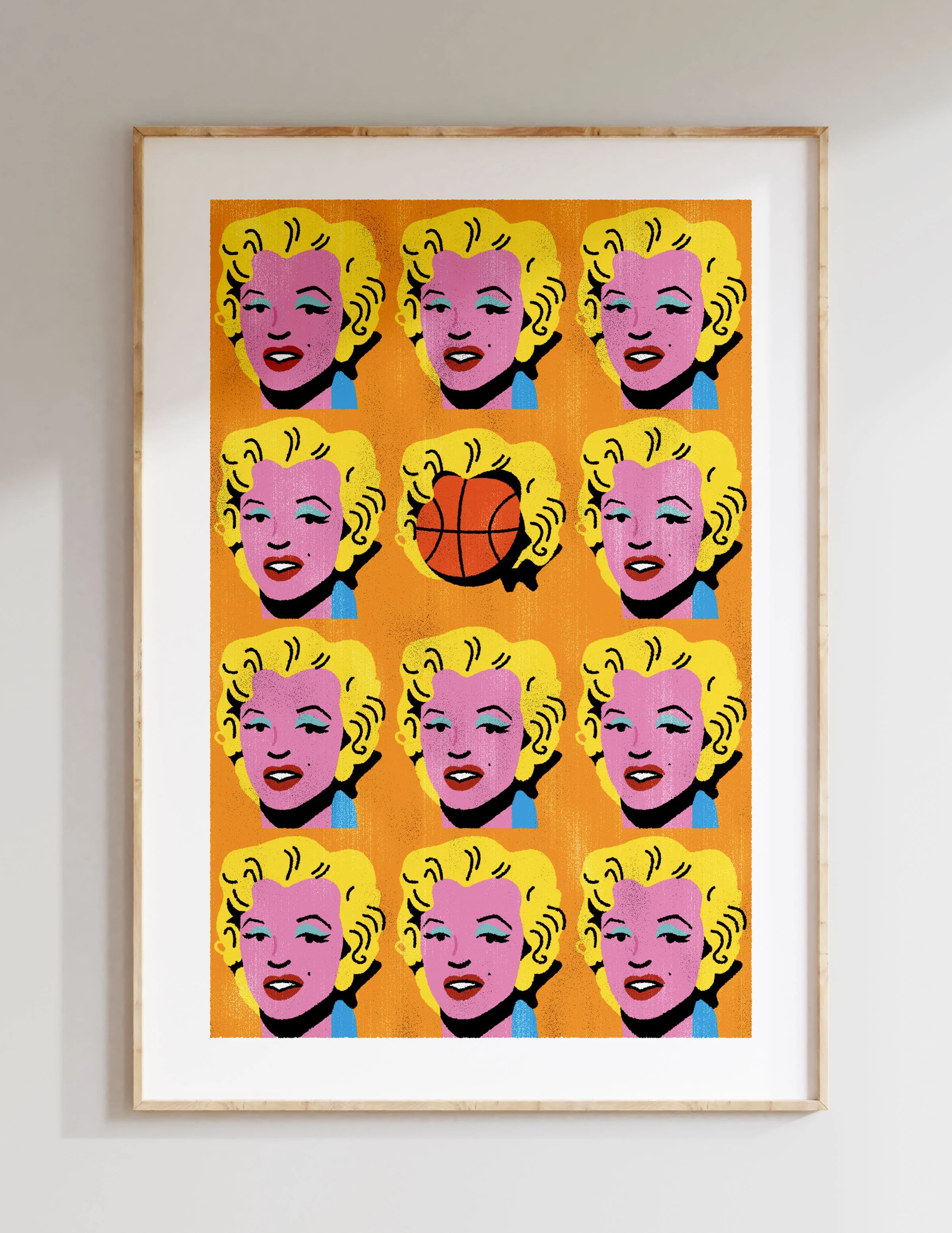 Re-creation of Andy Warhol's "Marilyn" with one of the faces replaced by a basketball.