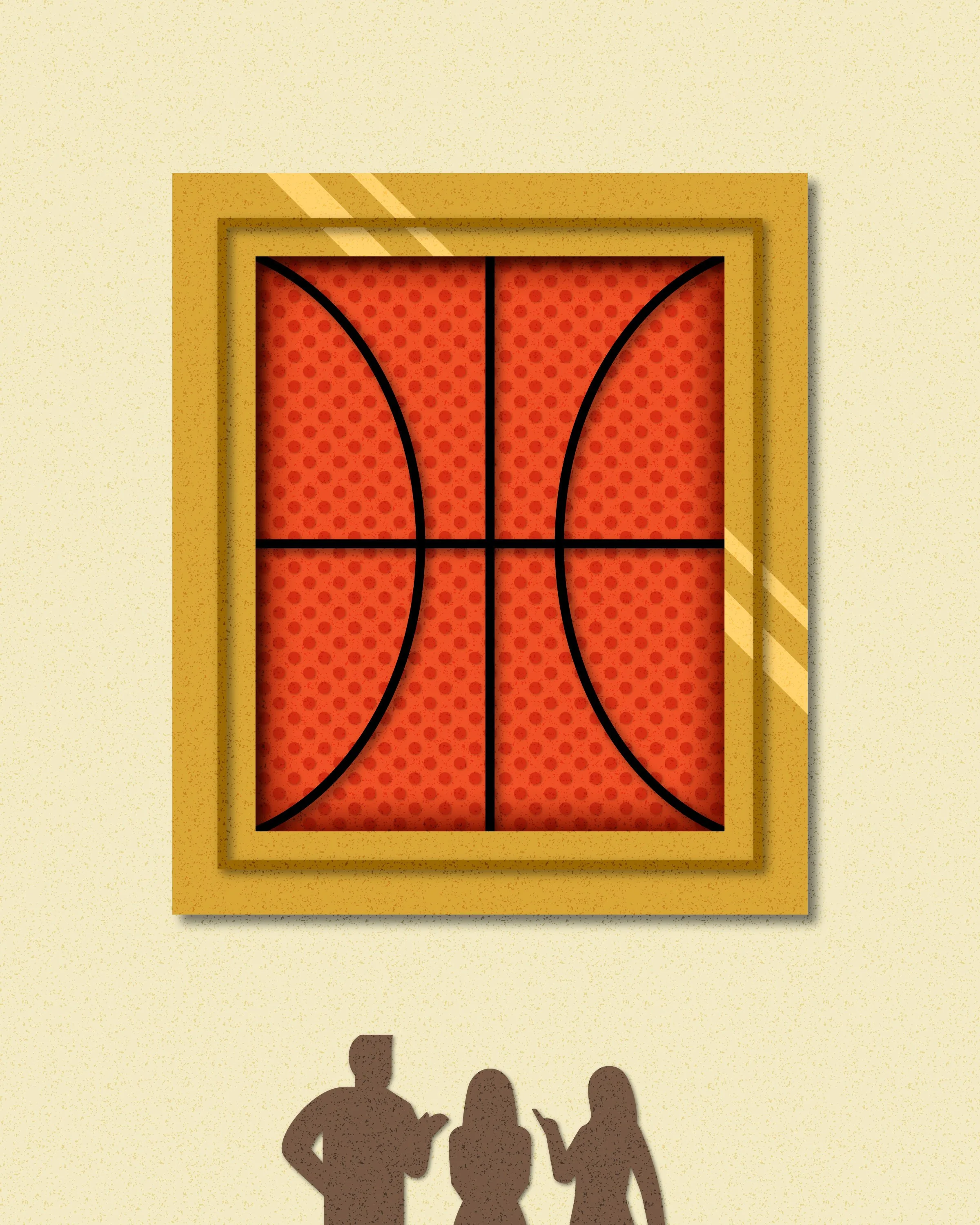 Three silhouette figures looking up at a large framed basketball artwork.