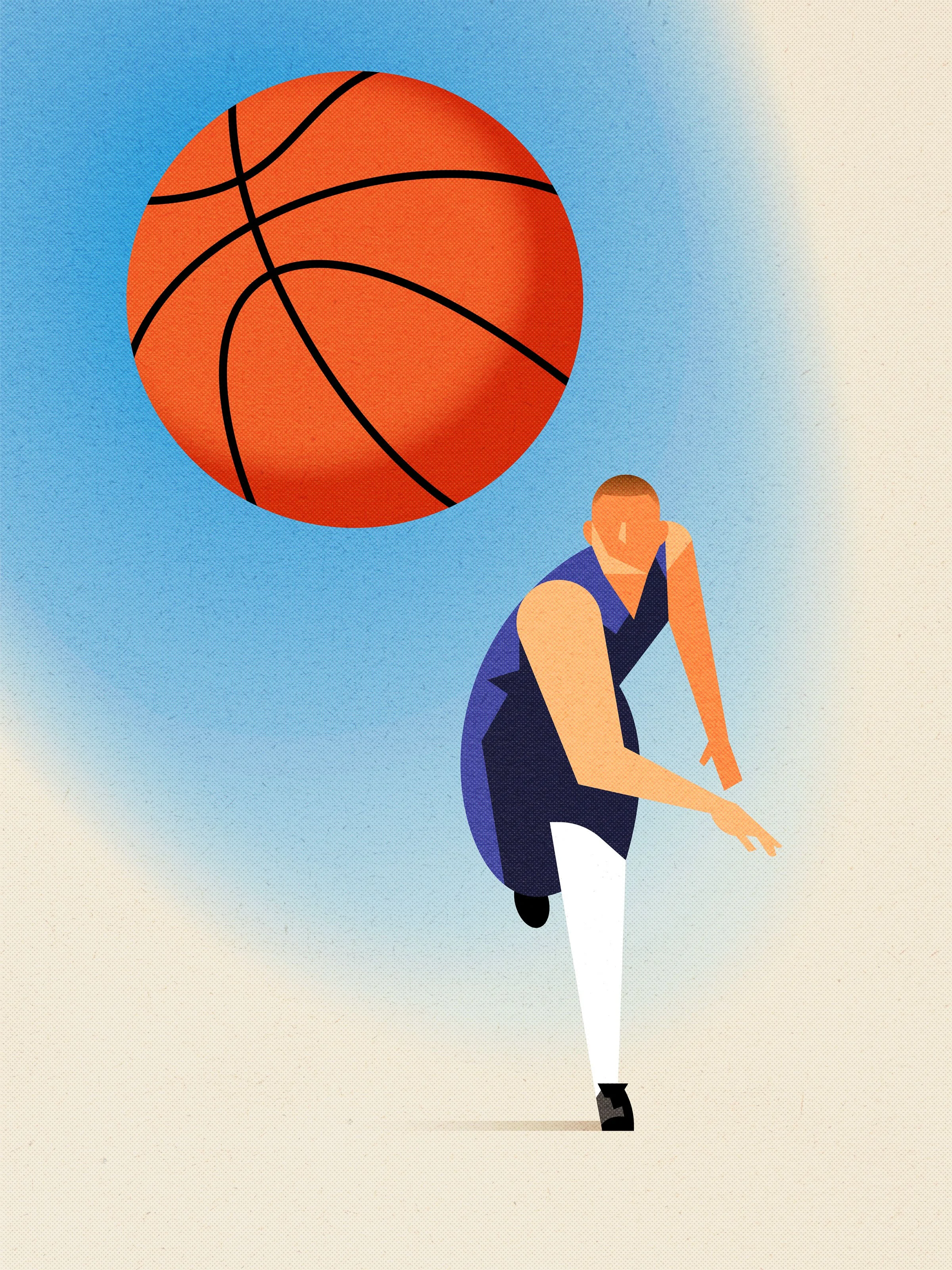 A mid-century style illustration of a basketball player throwing a basketball.