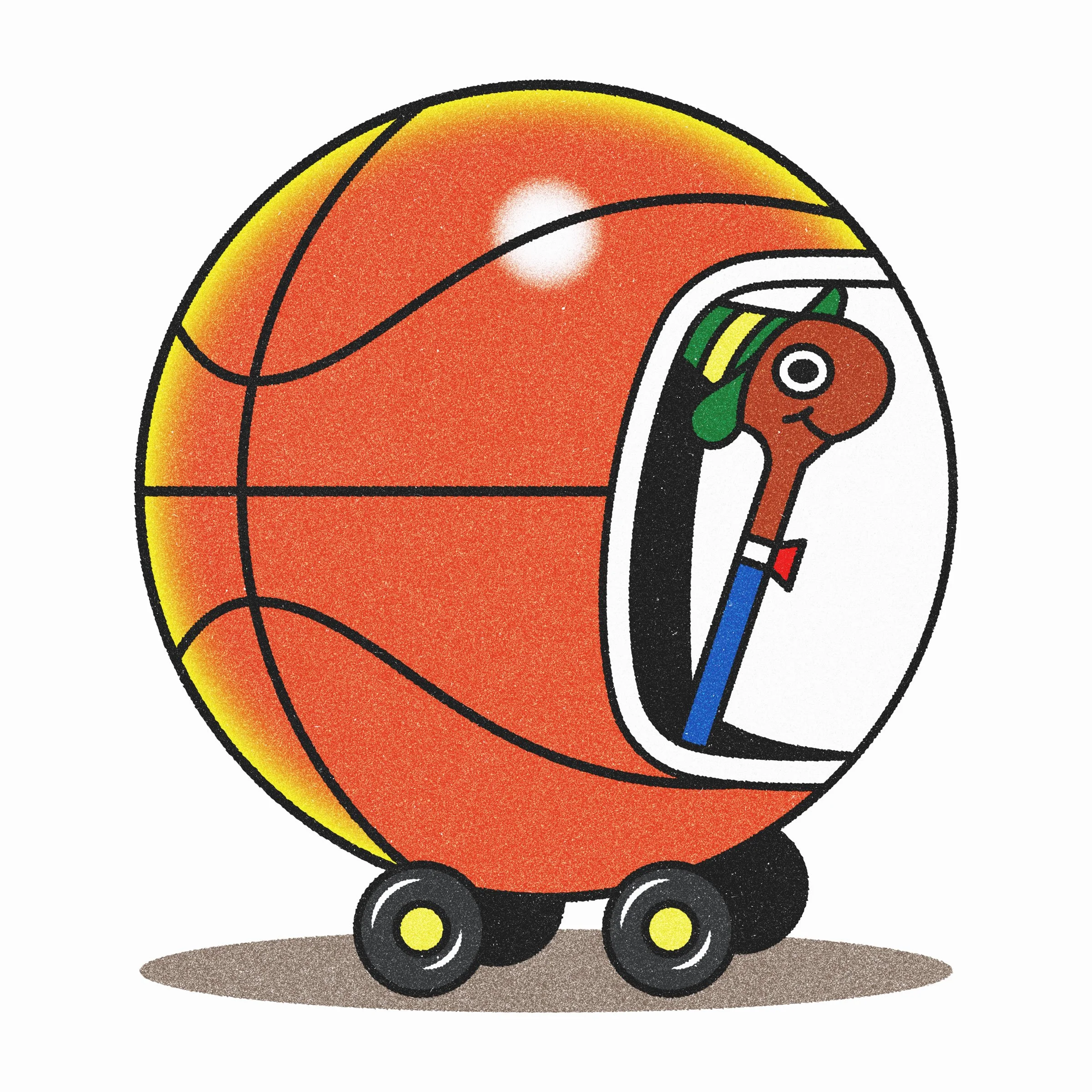 Illustration of a worm driving a basketball car.