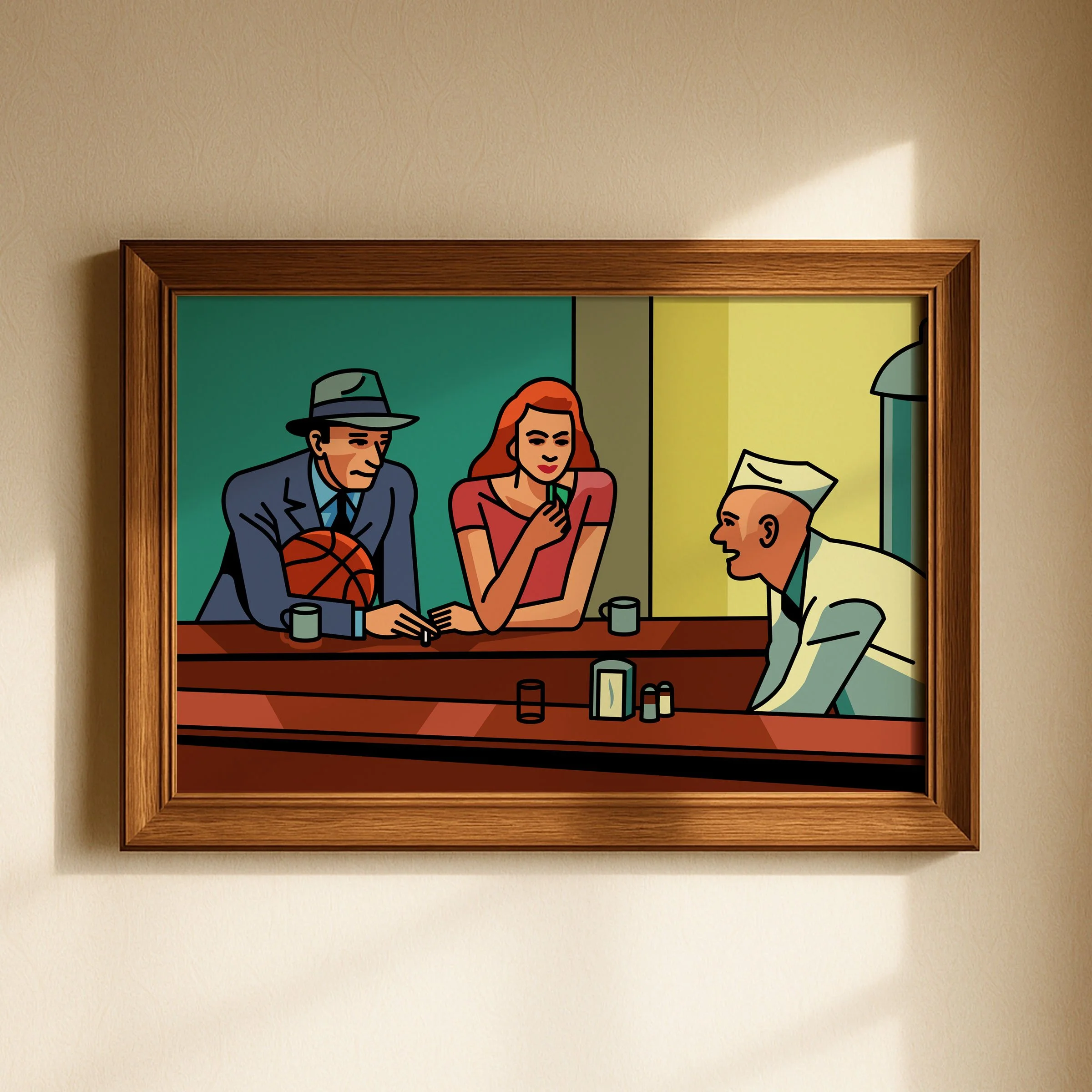 Re-creation of Edward Hopper's "Nighthawks" with the man at the counter holding a basketball.